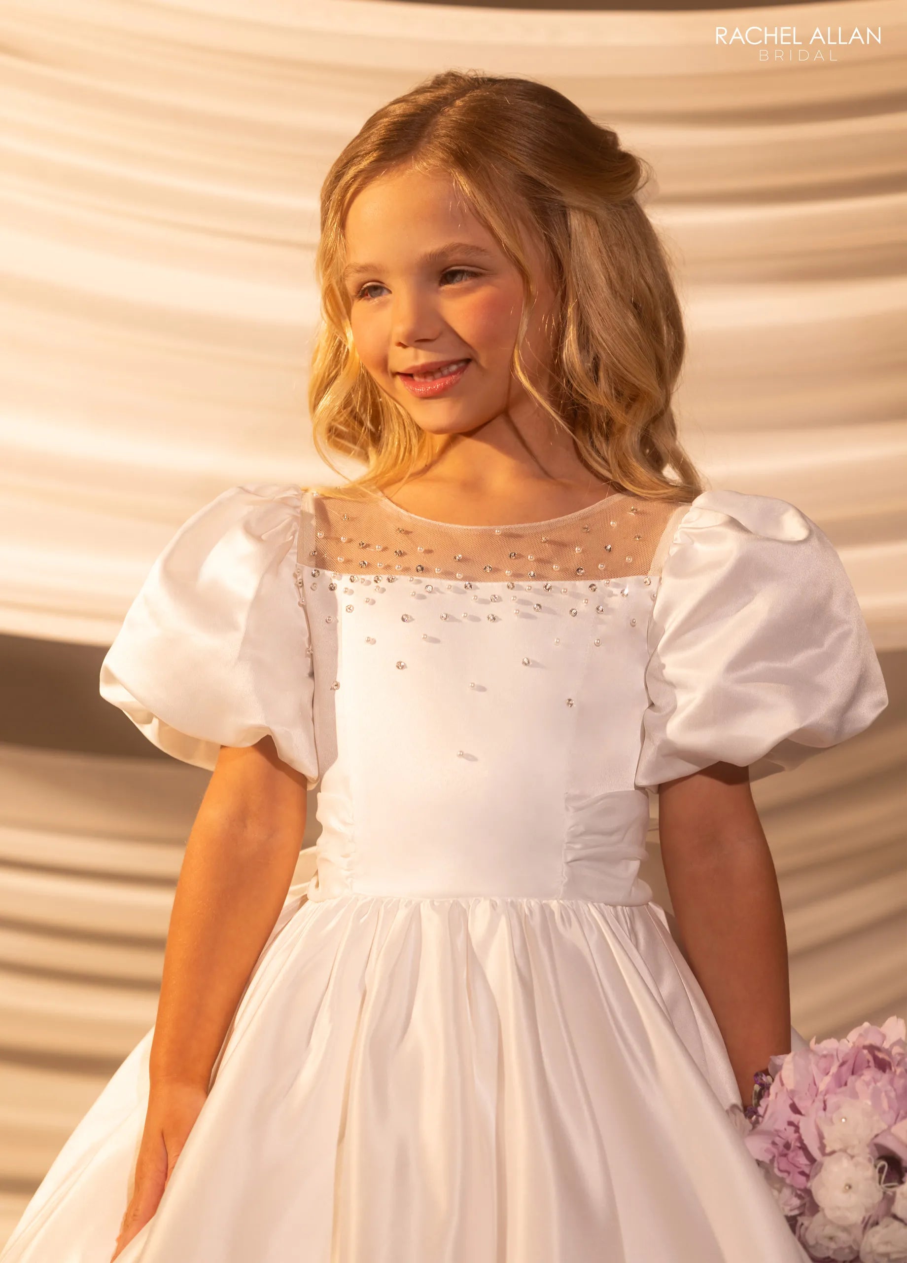 Illusion Neck Floor-Length Satin Flower Girl Ballgown with Puff Sleeves Rachel Allan RB9181