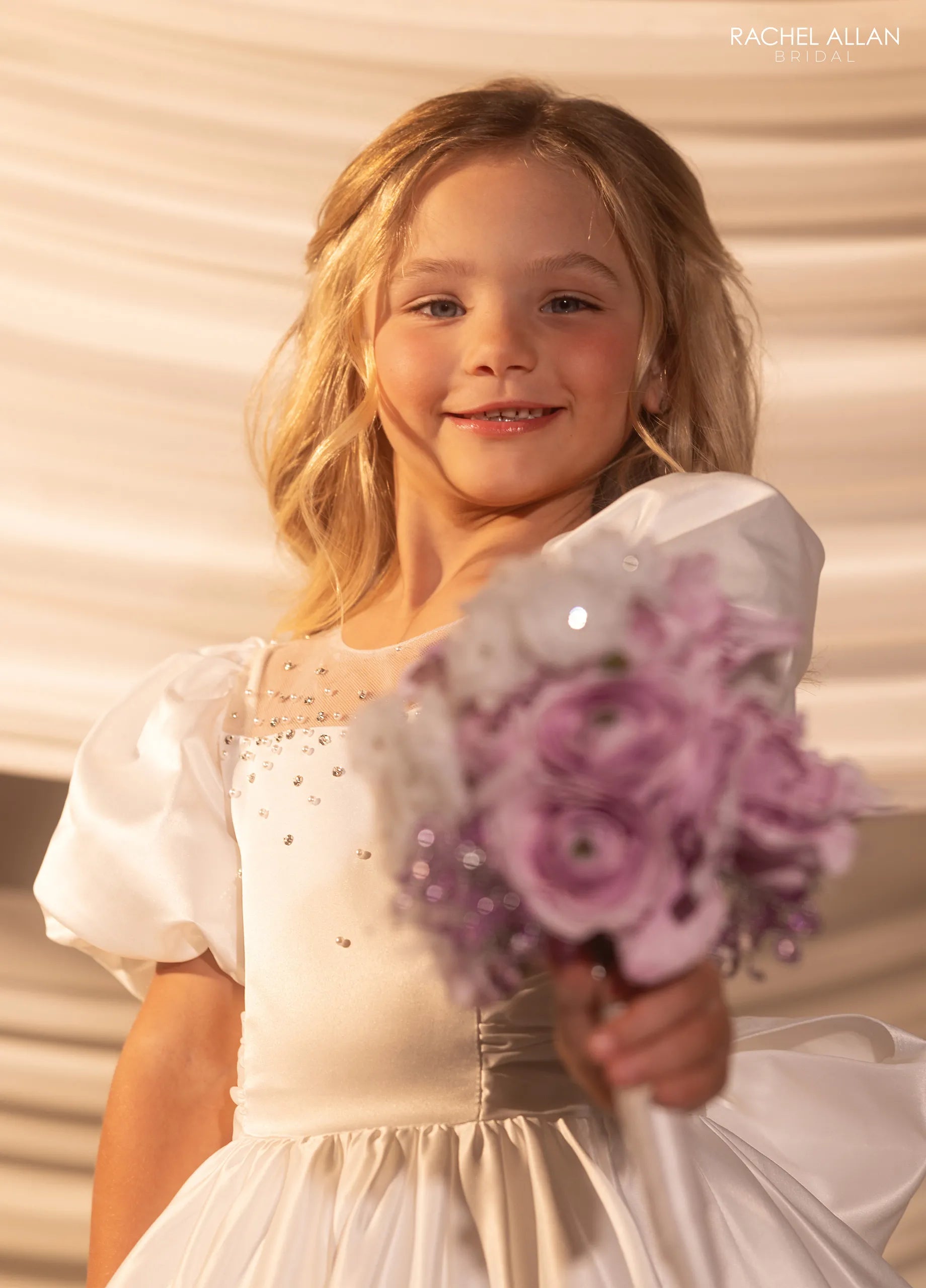 Illusion Neck Floor-Length Satin Flower Girl Ballgown with Puff Sleeves Rachel Allan RB9181