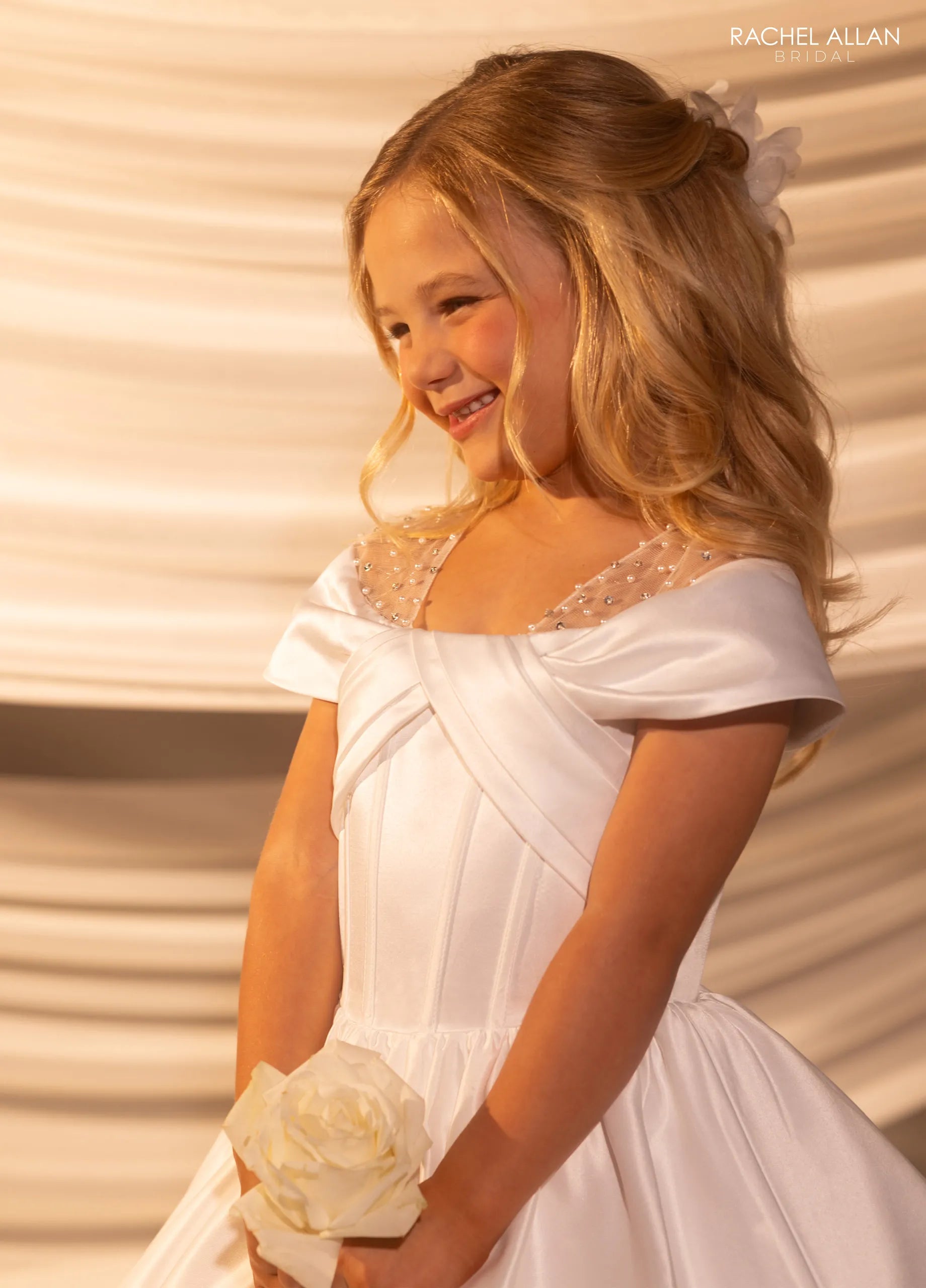 Ivory Nude Off-the-Shoulder Floor-Length Satin Flower Girl Ballgown with Beaded Illusion Straps Rachel Allan RB9185