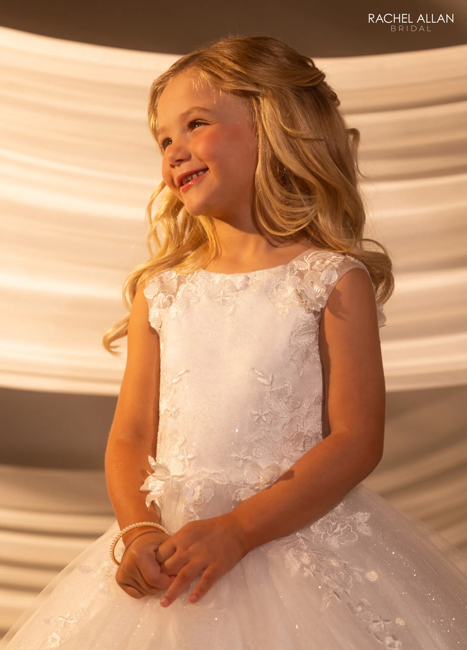 Ivory Nude Square Neck Floor-Length Glitter Tulle Flower Girl Ballgown with 3D Floral Applique Rachel Allan RB9184