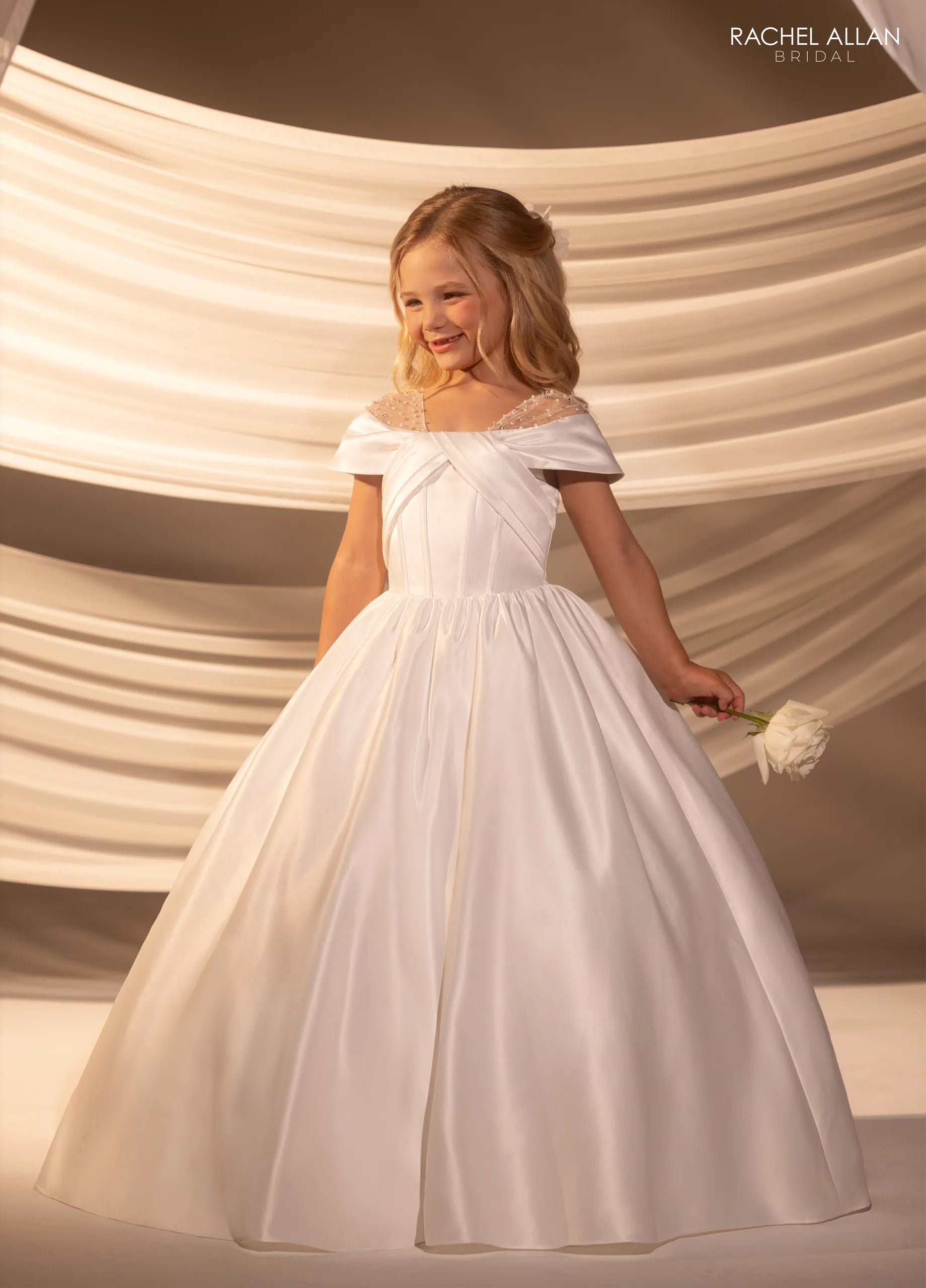 Ivory Nude Off-the-Shoulder Floor-Length Satin Flower Girl Ballgown with Beaded Illusion Straps Rachel Allan RB9185