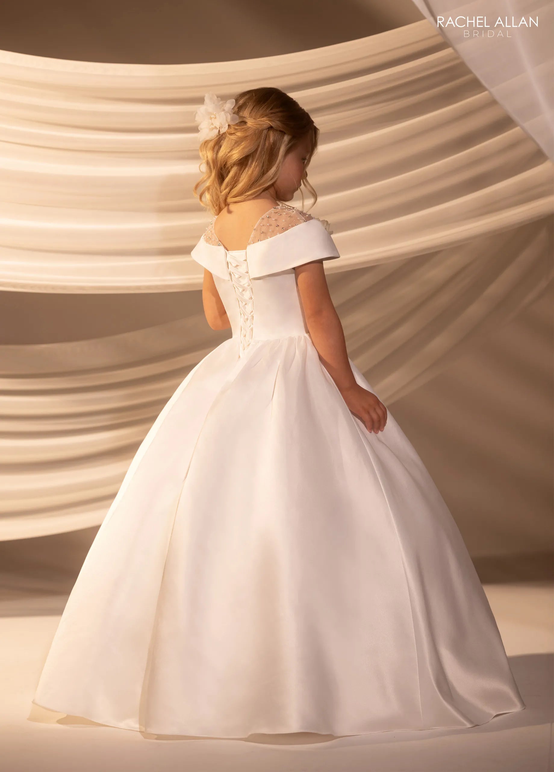 Ivory Nude Off-the-Shoulder Floor-Length Satin Flower Girl Ballgown with Beaded Illusion Straps Rachel Allan RB9185