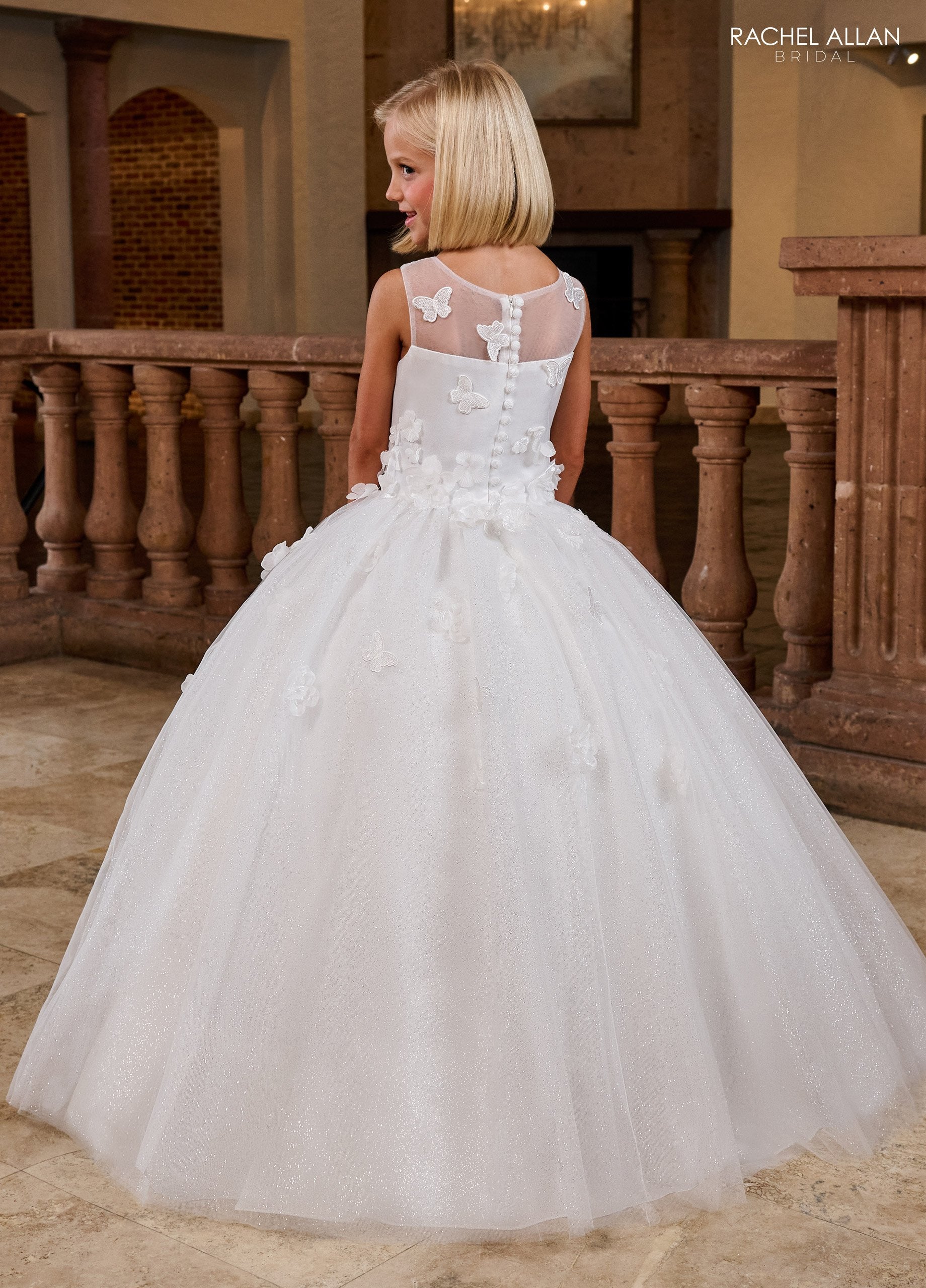 Rachel Allan RB9165 Long 3D Floral Applique Flower Girl Glitter Dress