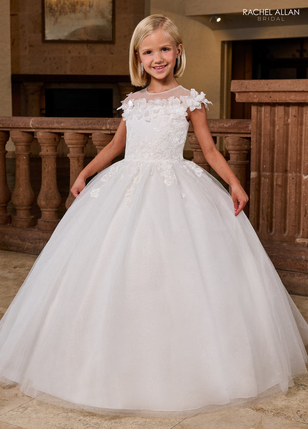 Rachel Allan RB9175 Long 3D Floral Applique Flower Girl Glitter Dress