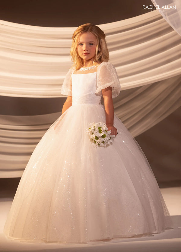 Square Neck Floor-Length Glitter Tulle Wedding Flower Girl Dress with Puff Sleeves Rachel Allan RB9188