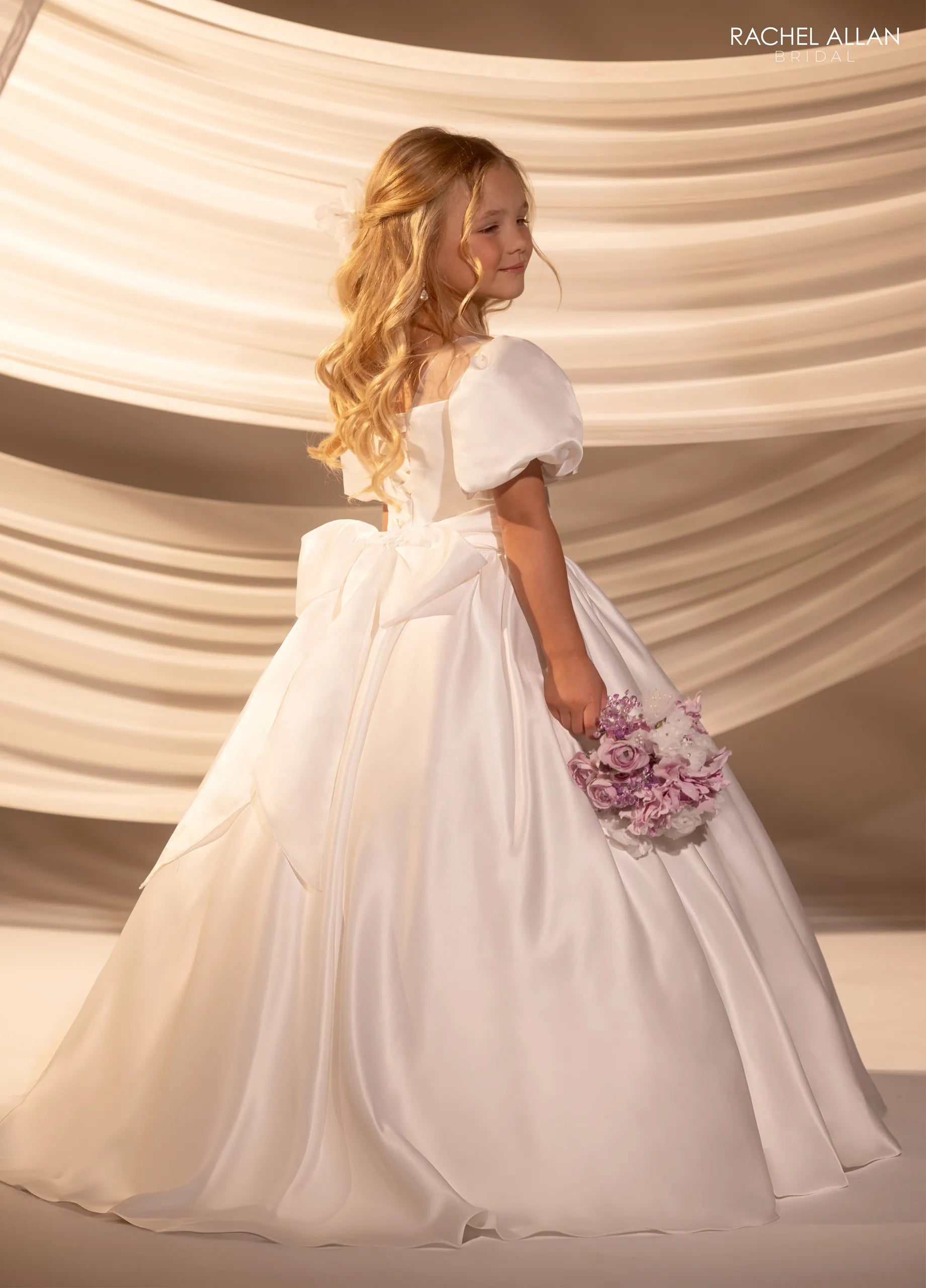 Illusion Neck Floor-Length Satin Flower Girl Ballgown with Puff Sleeves Rachel Allan RB9181