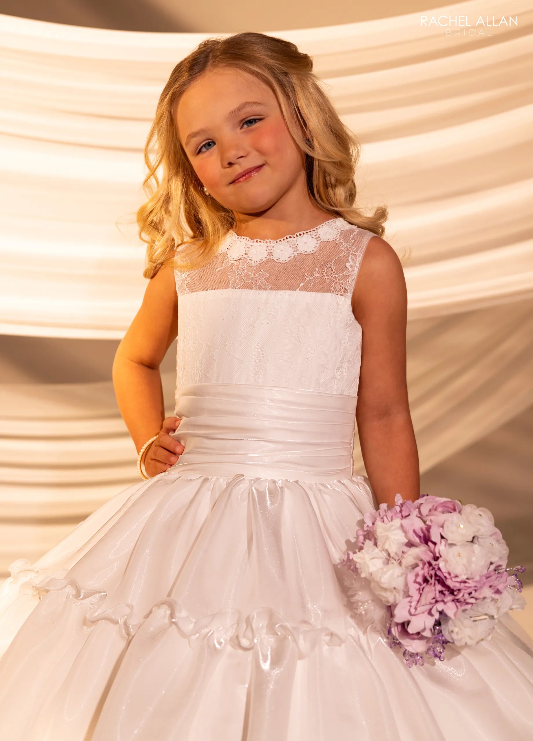 Ivory Illusion Neck Floor-Length Satin Flower Girl Ballgown with Ruched Waist Rachel Allan RB9182