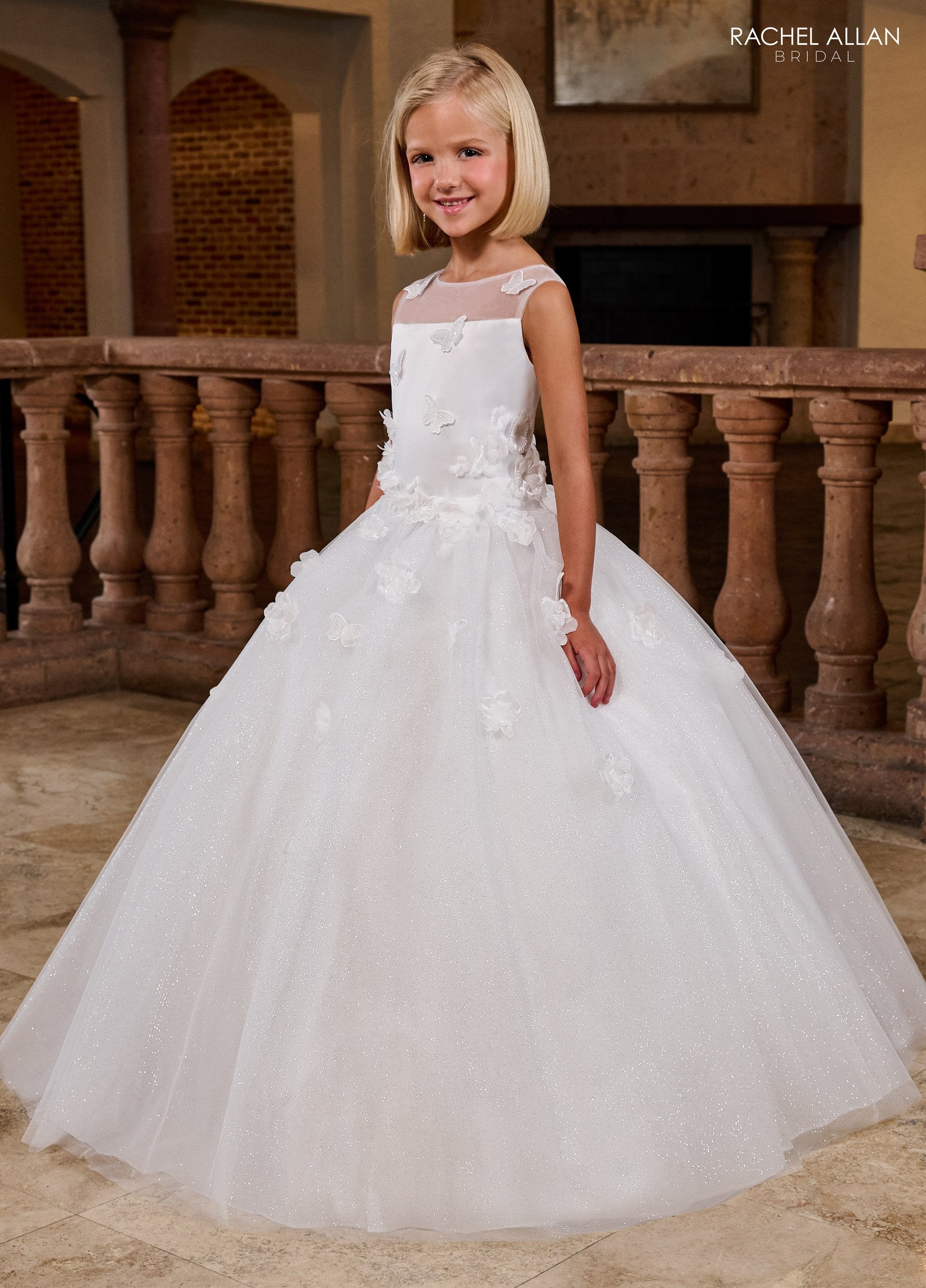 Flower Girl Dresses Long 3D Floral Applique Flower Girl Glitter Dress Ivory