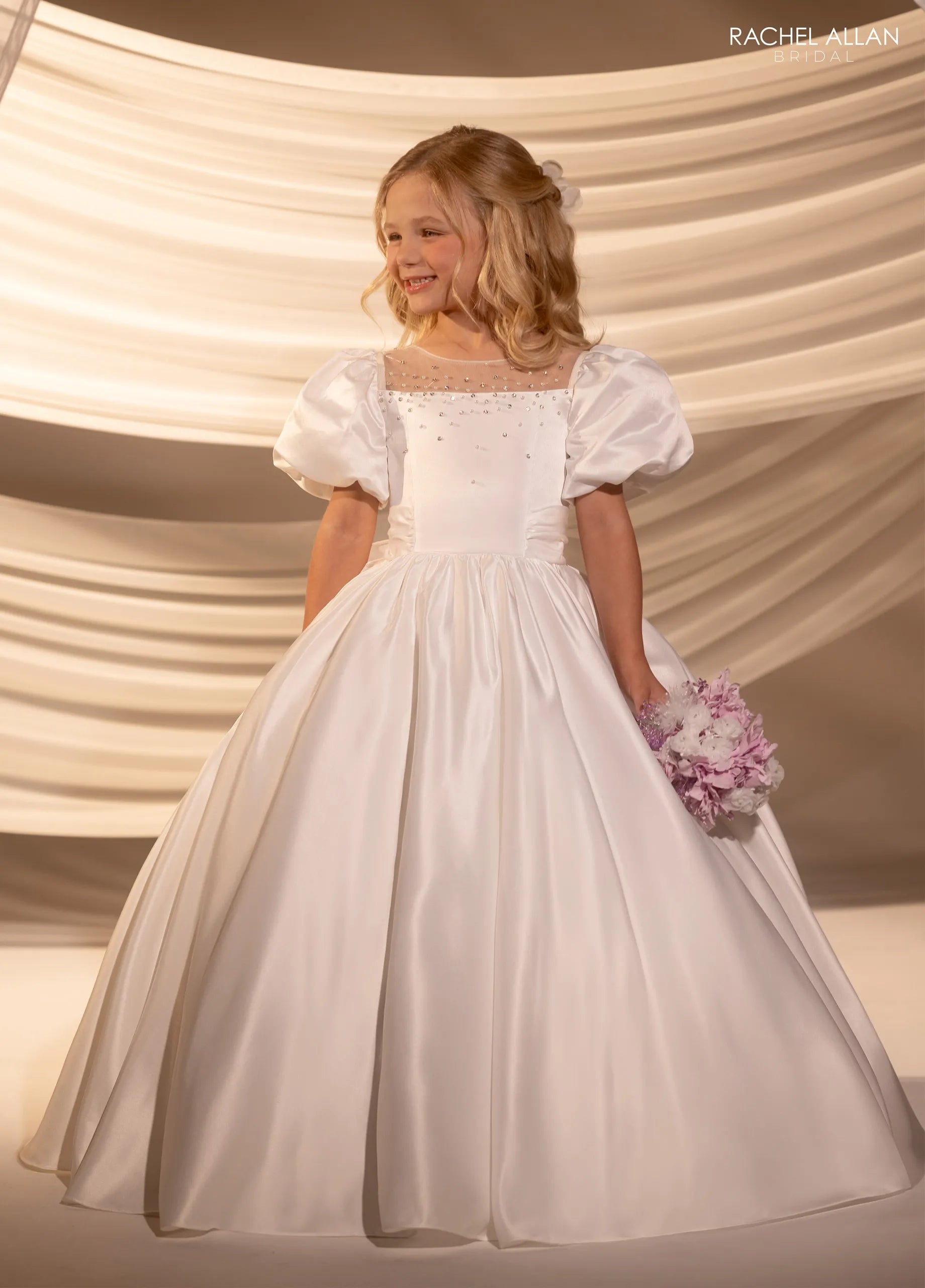 Ivory Nude Illusion Neck Floor-Length Satin Flower Girl Ballgown with Puff Sleeves Rachel Allan RB9181