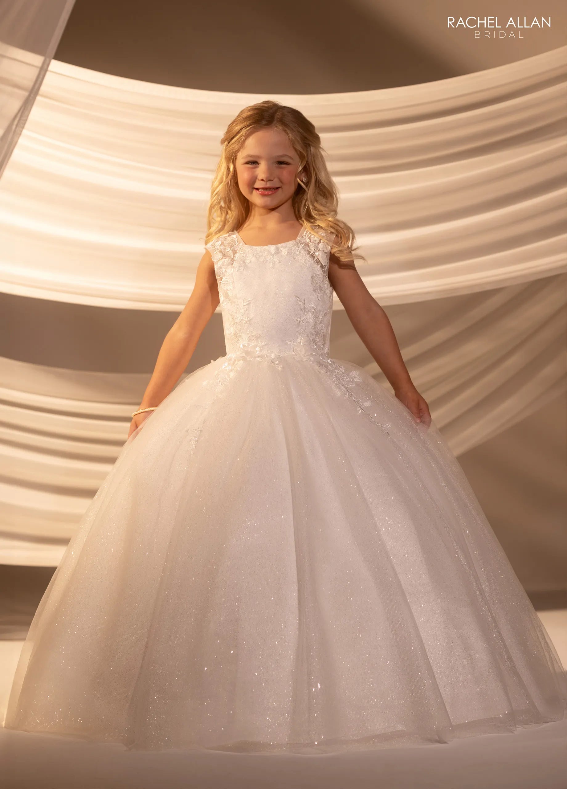 Ivory Nude Square Neck Floor-Length Glitter Tulle Flower Girl Ballgown with 3D Floral Applique Rachel Allan RB9184