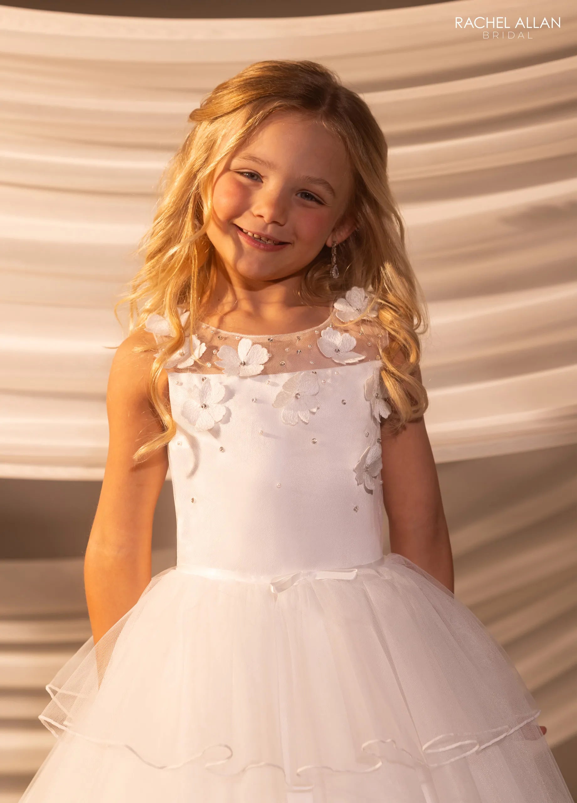 Ivory Nude Illusion Neck Floor-Length Tulle Satin Flower Girl Dress with 3D Floral Applique Rachel Allan RB9180