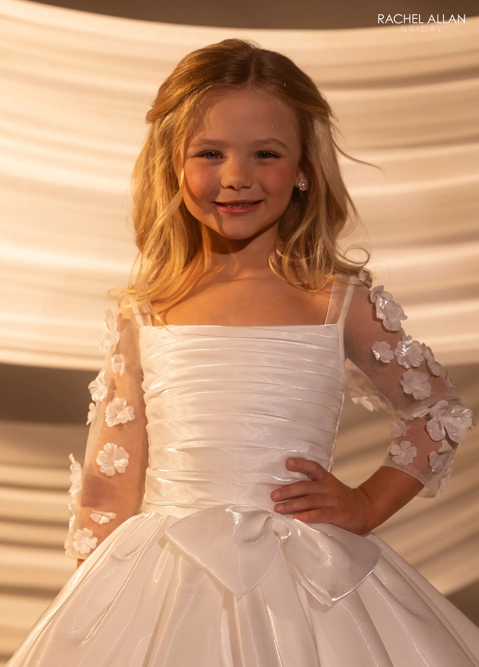 Ivory Nude Square Neck Floor-Length Crystal Satin Wedding Flower Girl Dress with 3D Floral Sleeves Rachel Allan RB9189