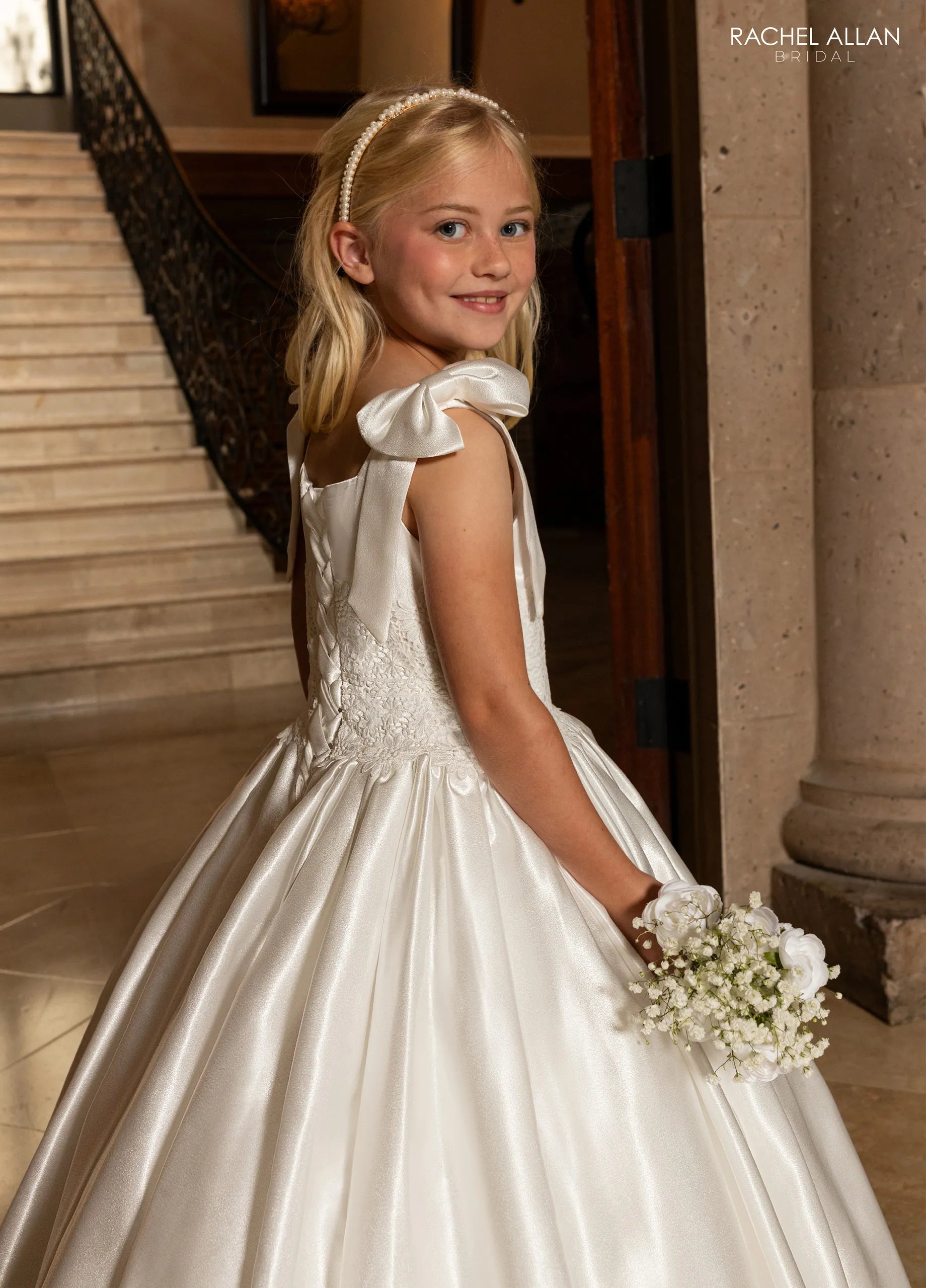 Square Floor-Length Satin Crepe Flower Girl Dress with Lace Bodice and Bow-Tied Straps Rachel Allan RB9198