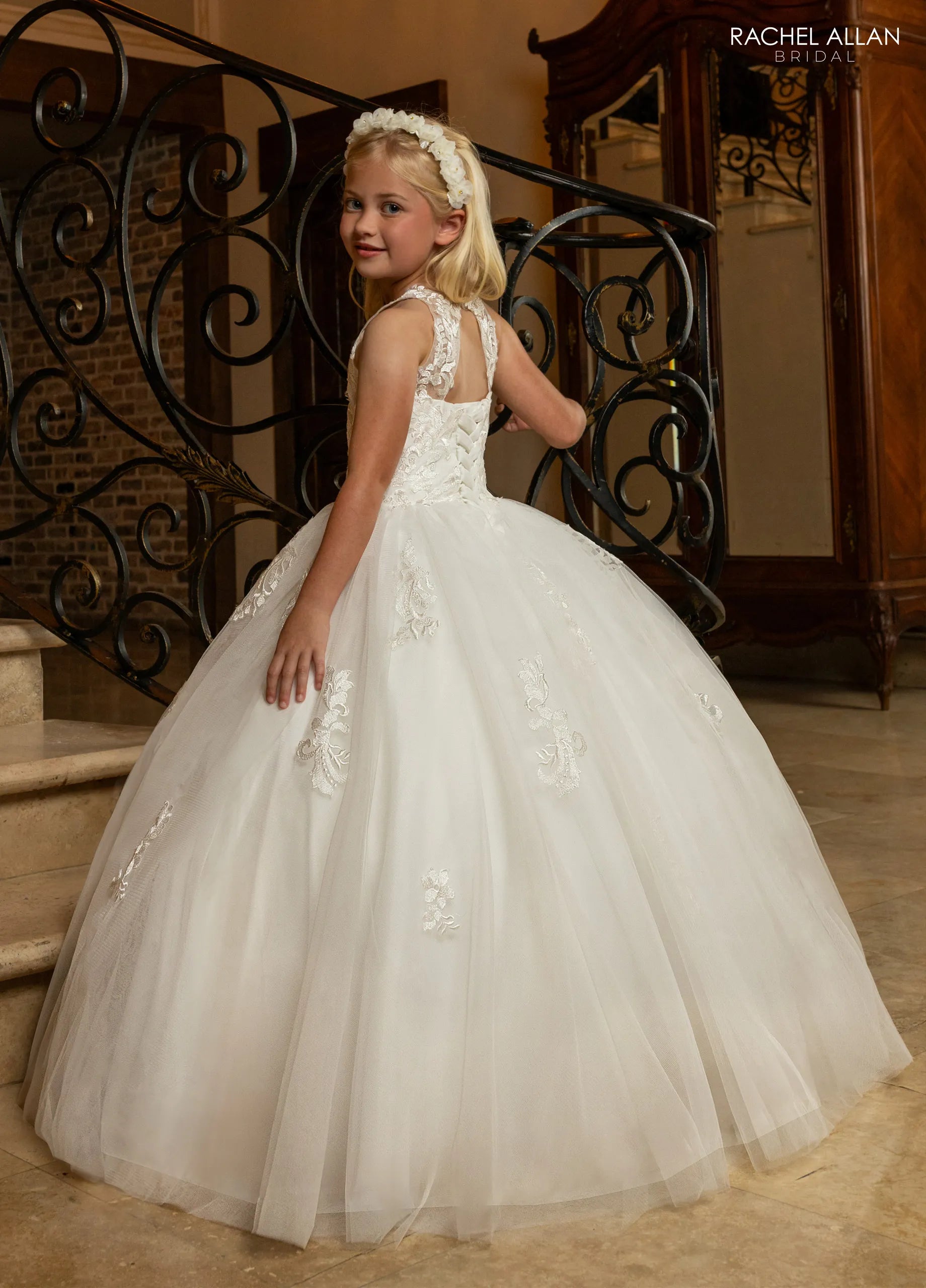 Ivory Nude High Illusion Neck Floor-Length Glitter Tulle Flower Girl Dress with Floral Lace Applique Rachel Allan RB9192