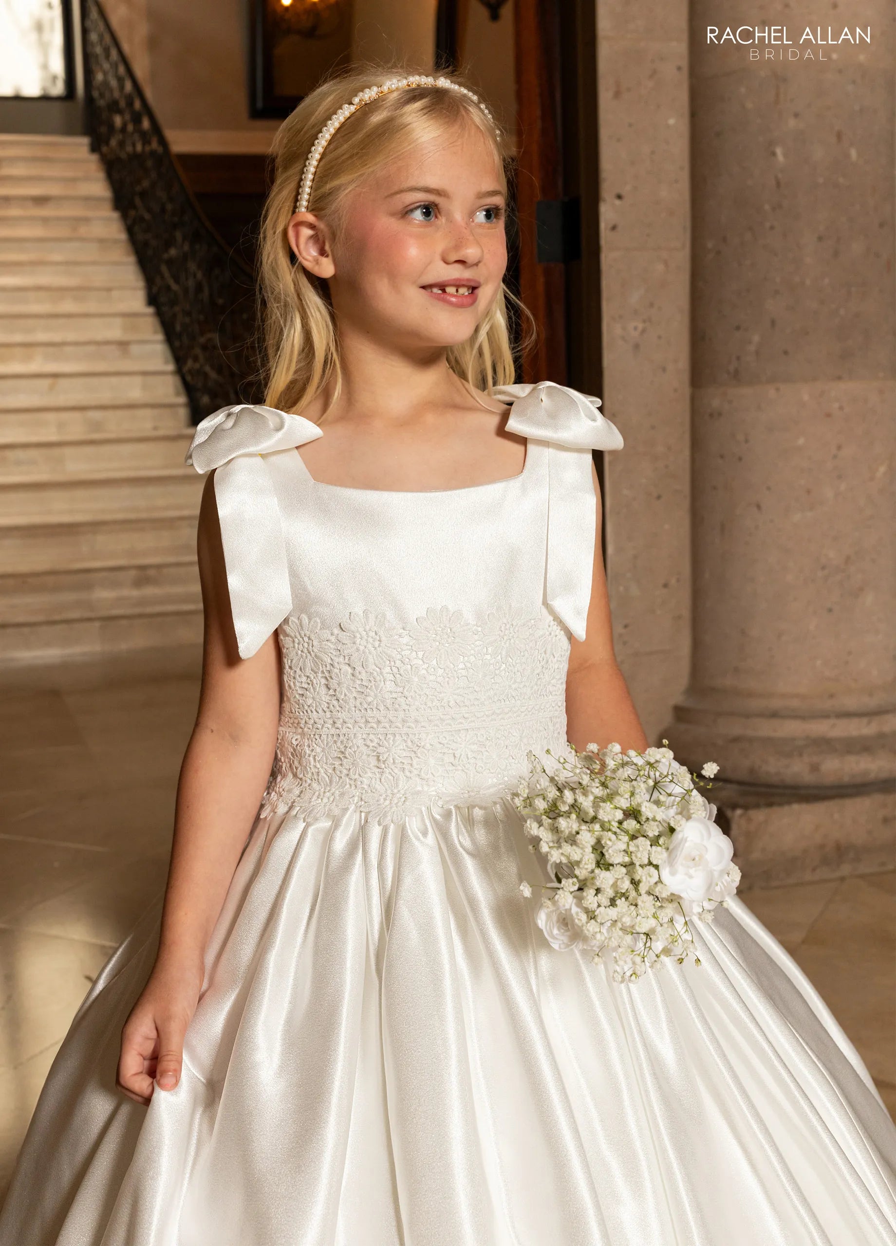 Square Floor-Length Satin Crepe Flower Girl Dress with Lace Bodice and Bow-Tied Straps Rachel Allan RB9198