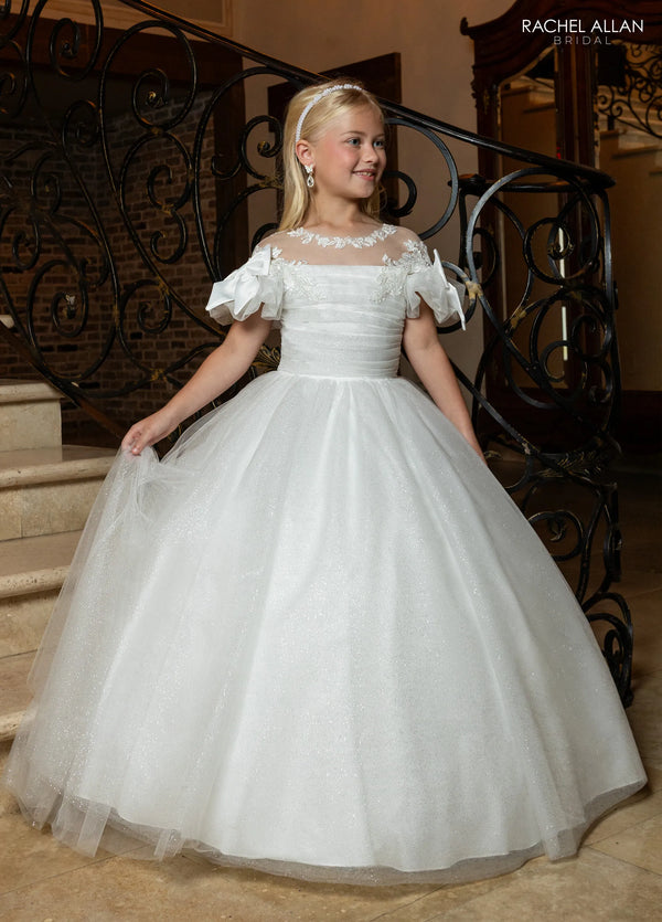 Off-the-Shoulder Floor-Length Glitter Tulle Flower Girl Dress with Puff Sleeves Rachel Allan RB9197