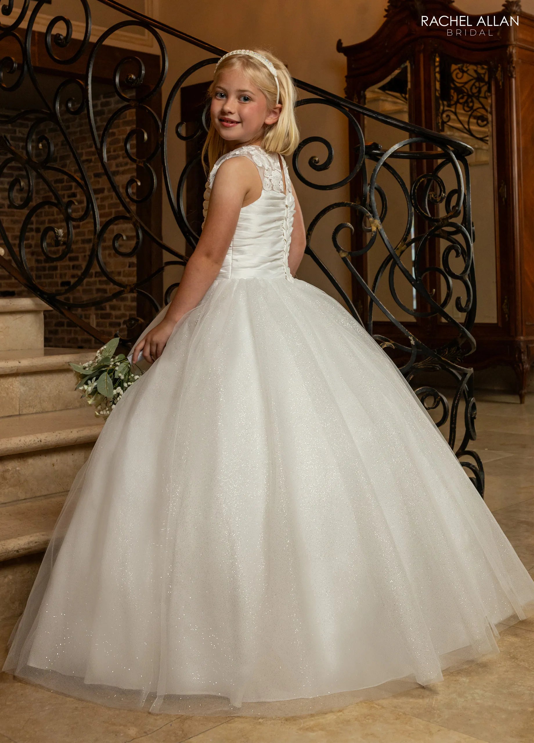 Ivory Illusion Neck Floor-Length Satin and Glitter Tulle Flower Girl Dress with Ruched Bodice Rachel Allan RB9195
