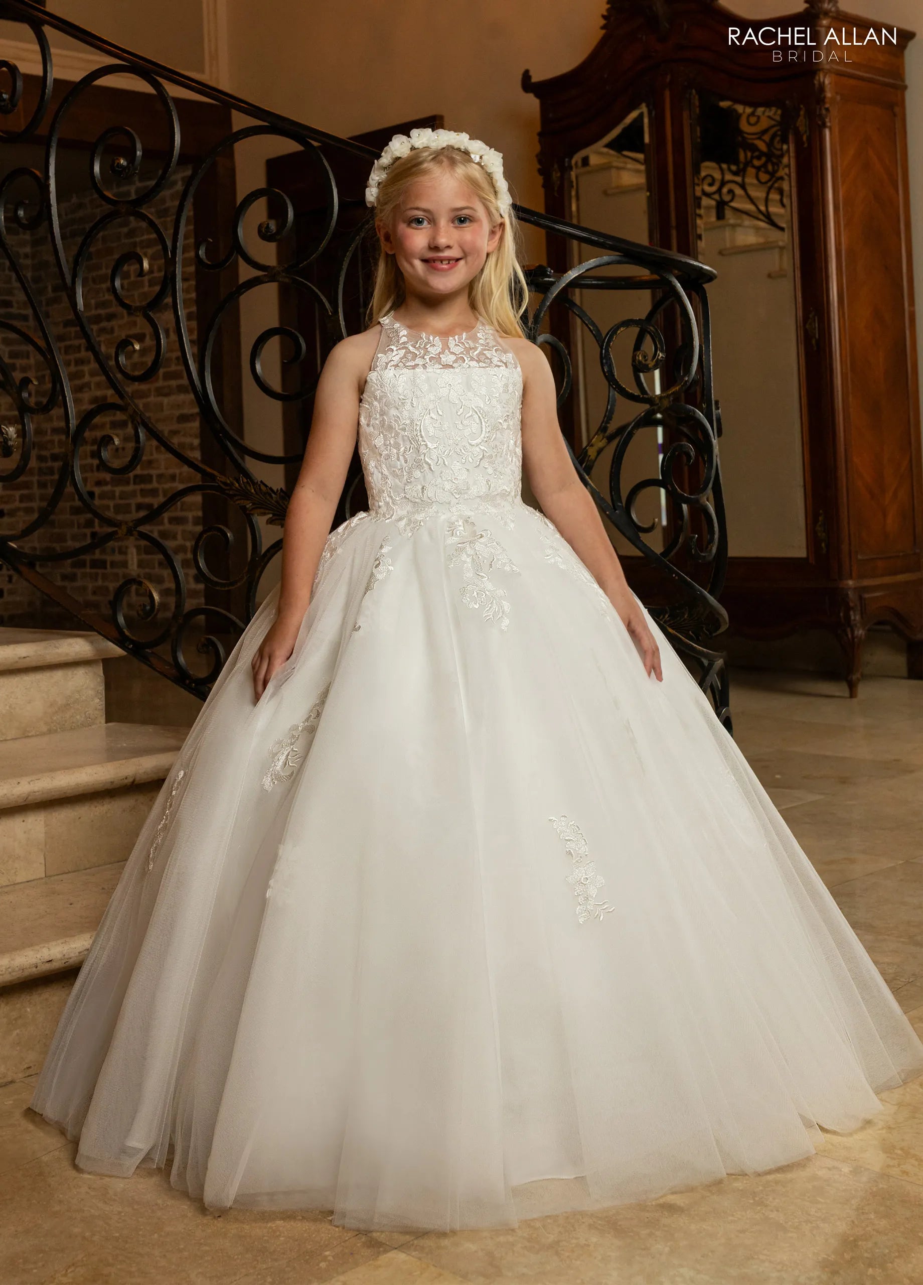 Ivory Nude High Illusion Neck Floor-Length Glitter Tulle Flower Girl Dress with Floral Lace Applique Rachel Allan RB9192