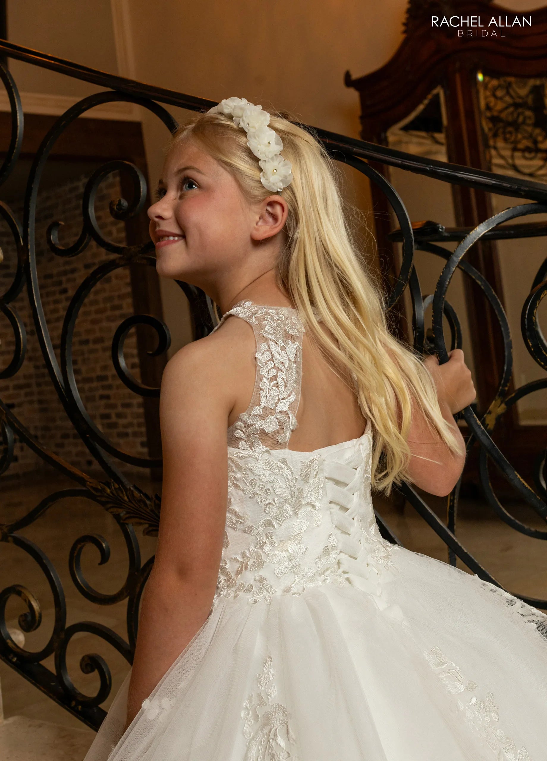 Ivory Nude High Illusion Neck Floor-Length Glitter Tulle Flower Girl Dress with Floral Lace Applique Rachel Allan RB9192