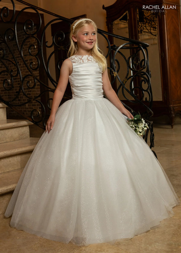 Illusion Neck Floor-Length Satin and Glitter Tulle Flower Girl Dress with Ruched Bodice Rachel Allan RB9195