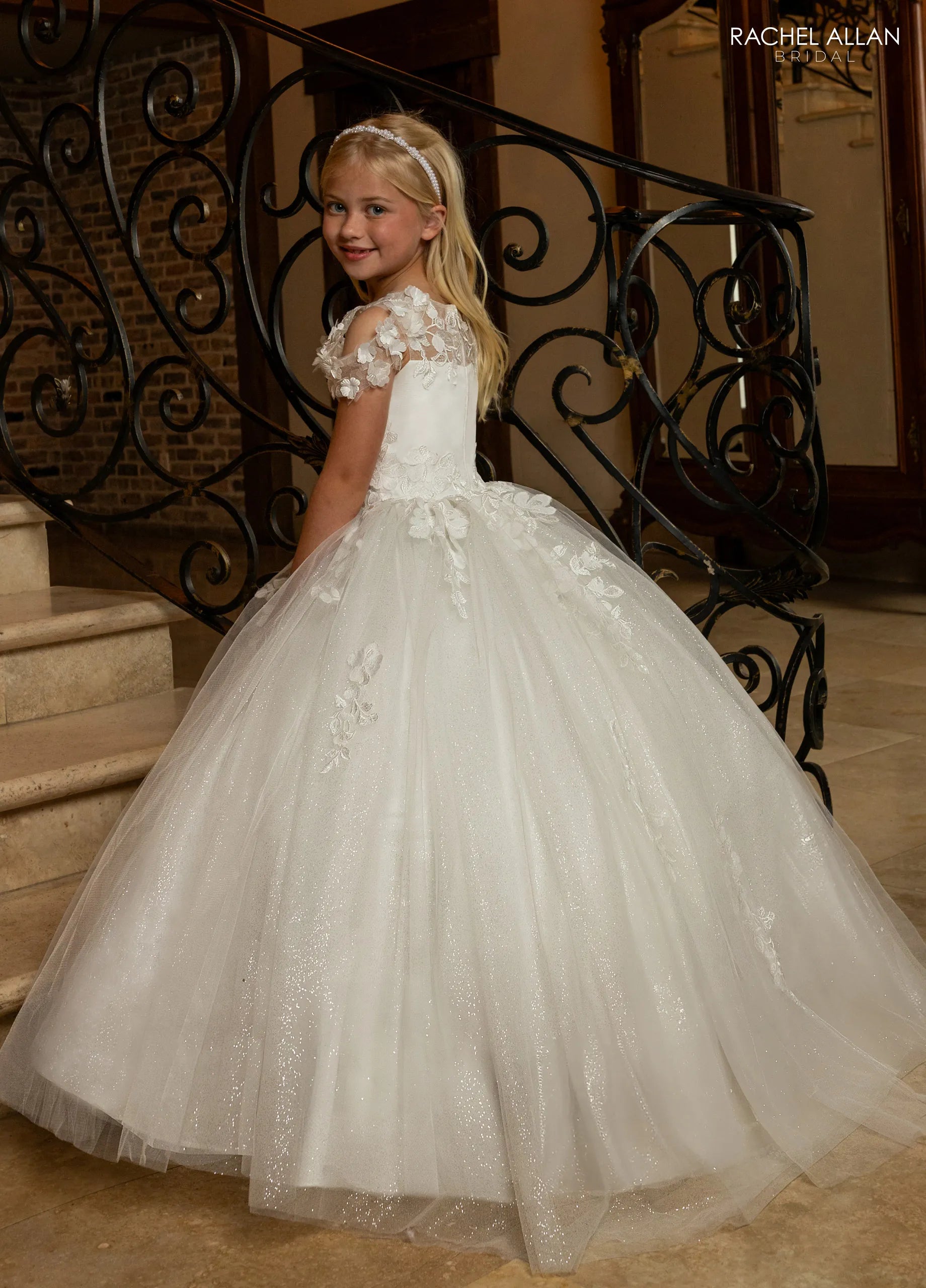 Ivory Nude Off-the-Shoulder Floor-Length Glitter Tulle Wedding Flower Girl Dress with Floral Applique Rachel Allan RB9194
