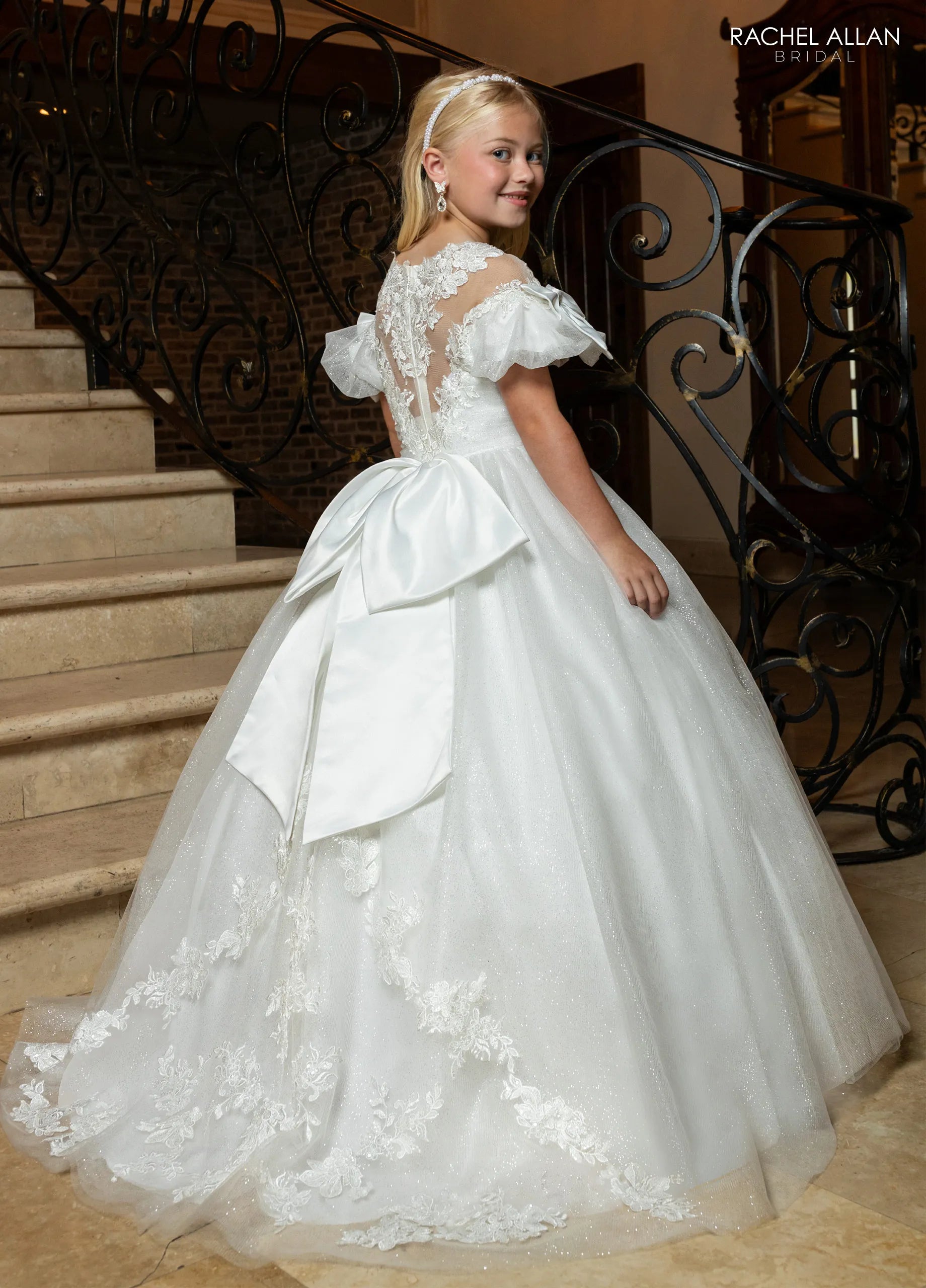 Ivory Nude Off-the-Shoulder Floor-Length Glitter Tulle Flower Girl Dress with Puff Sleeves Rachel Allan RB9197