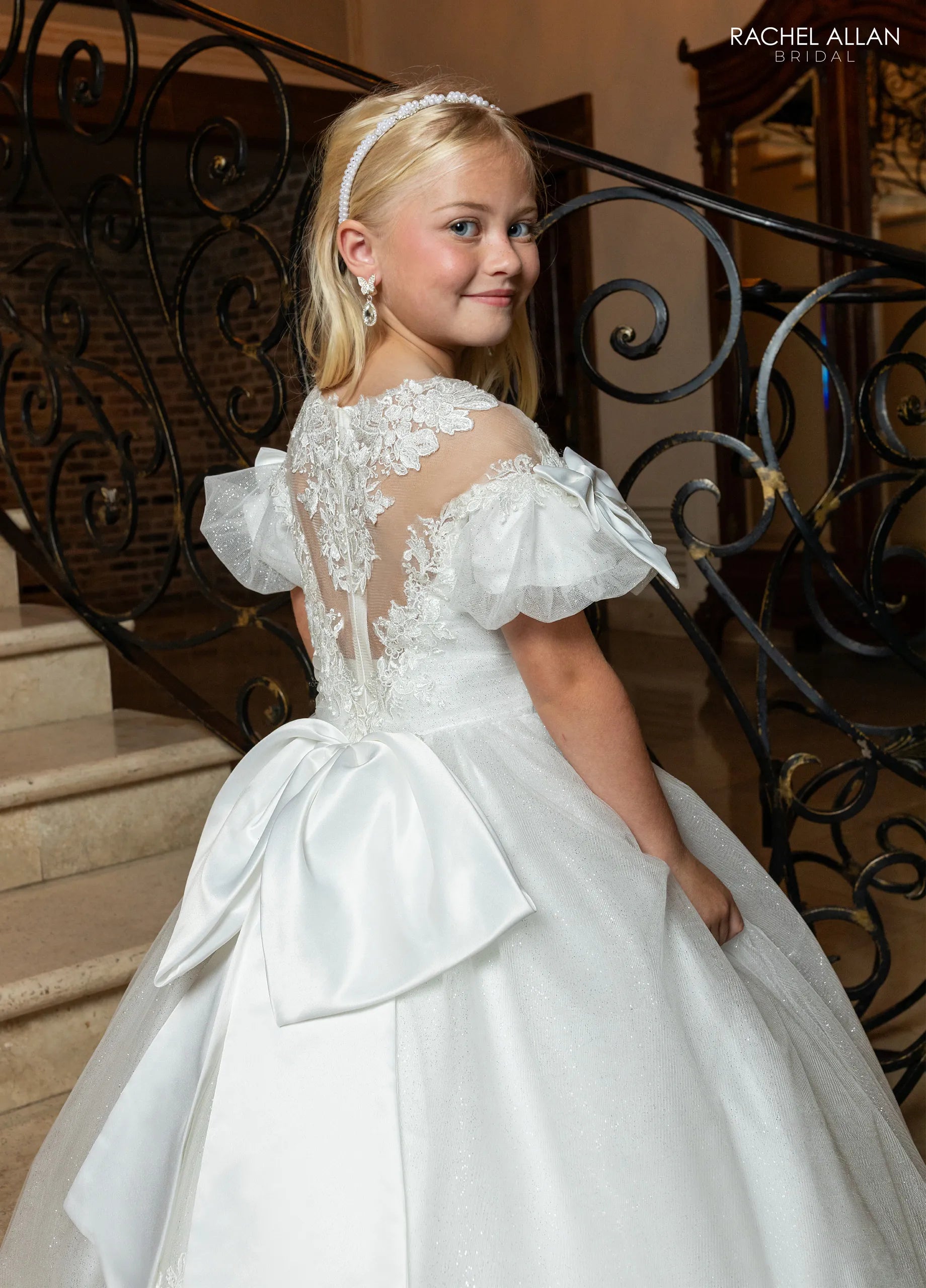 Ivory Nude Off-the-Shoulder Floor-Length Glitter Tulle Flower Girl Dress with Puff Sleeves Rachel Allan RB9197