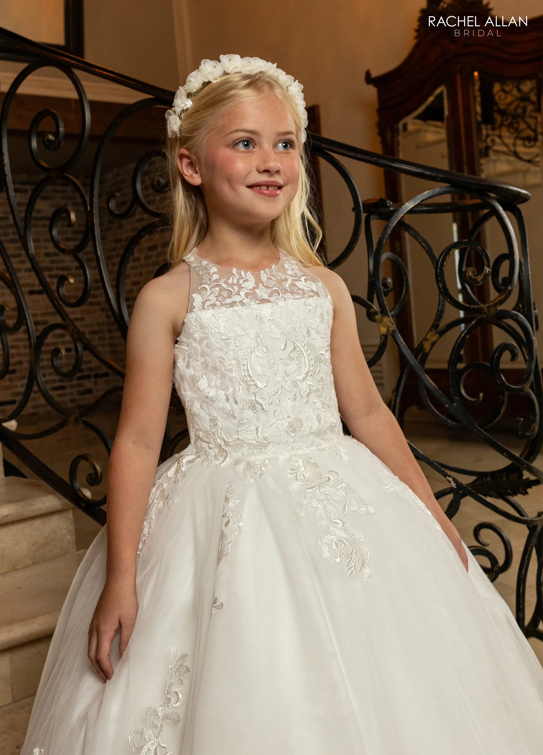 Ivory Nude High Illusion Neck Floor-Length Glitter Tulle Flower Girl Dress with Floral Lace Applique Rachel Allan RB9192