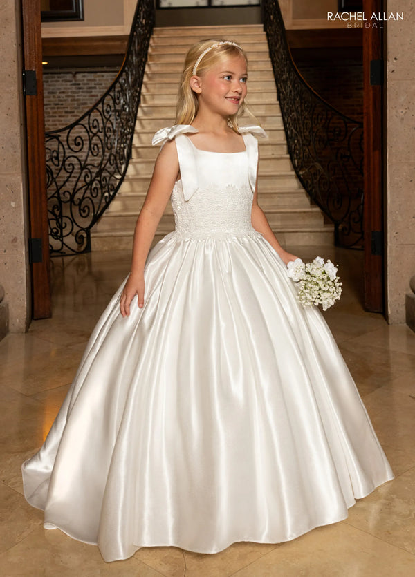 Square Floor-Length Satin Crepe Flower Girl Dress with Lace Bodice and Bow-Tied Straps Rachel Allan RB9198