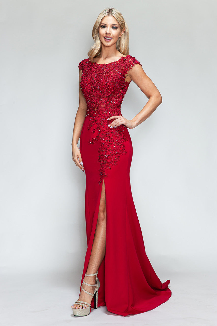Formal Dresses Beaded Formal Long Floral Dress Lenovia 8343 Red-Crepe-8343-Beaded