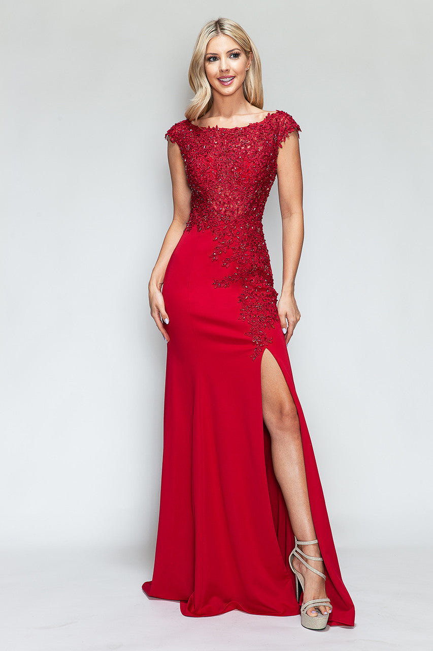 Formal Dresses Beaded Formal Long Floral Dress Lenovia 8343 Red-Crepe-8343-Beaded