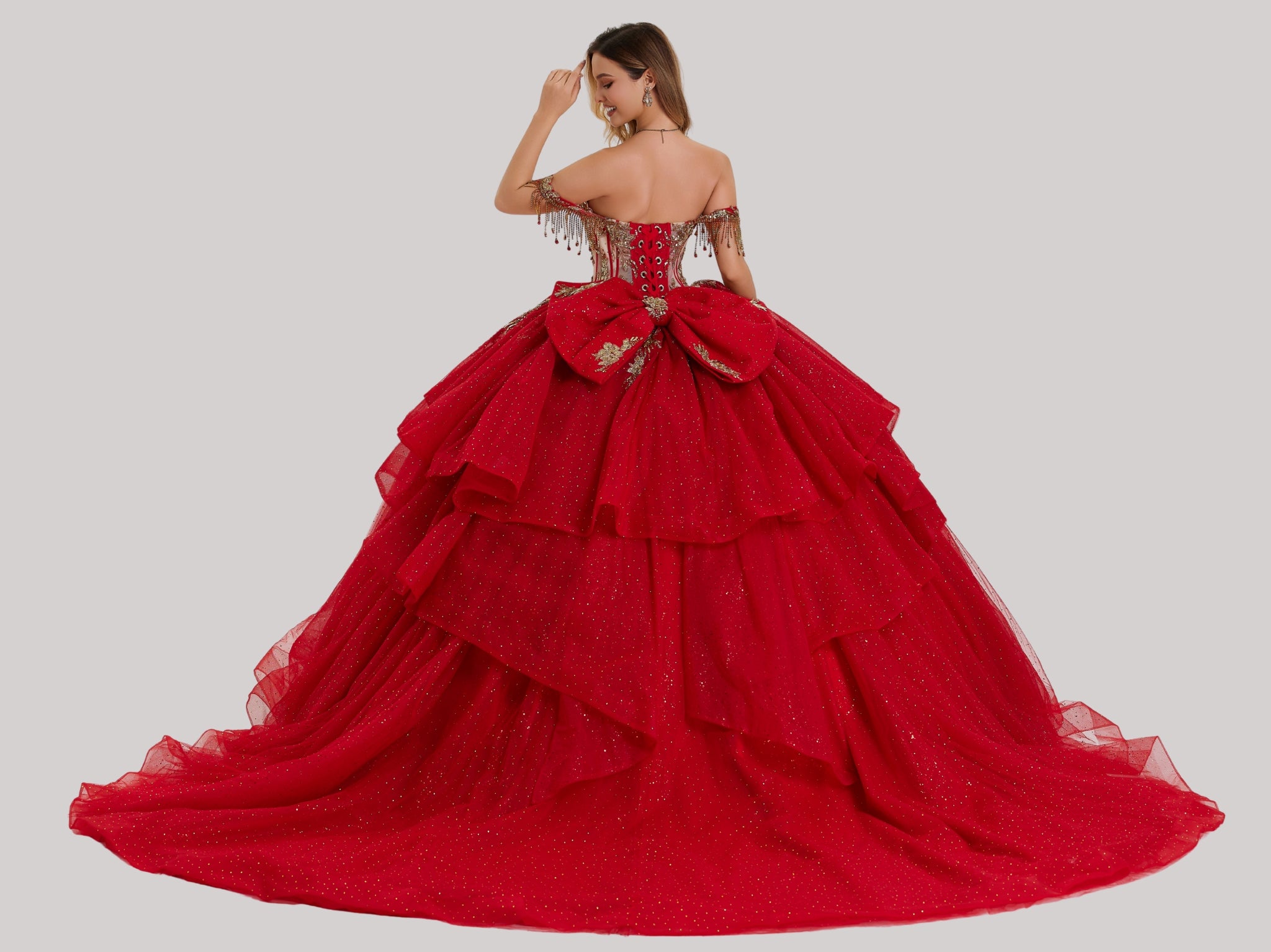 Quinceniera Dresses Long Ball Gown Beaded Glitter Ruffle Quinceanera Dress Red-Glitter-26417-Ruffle