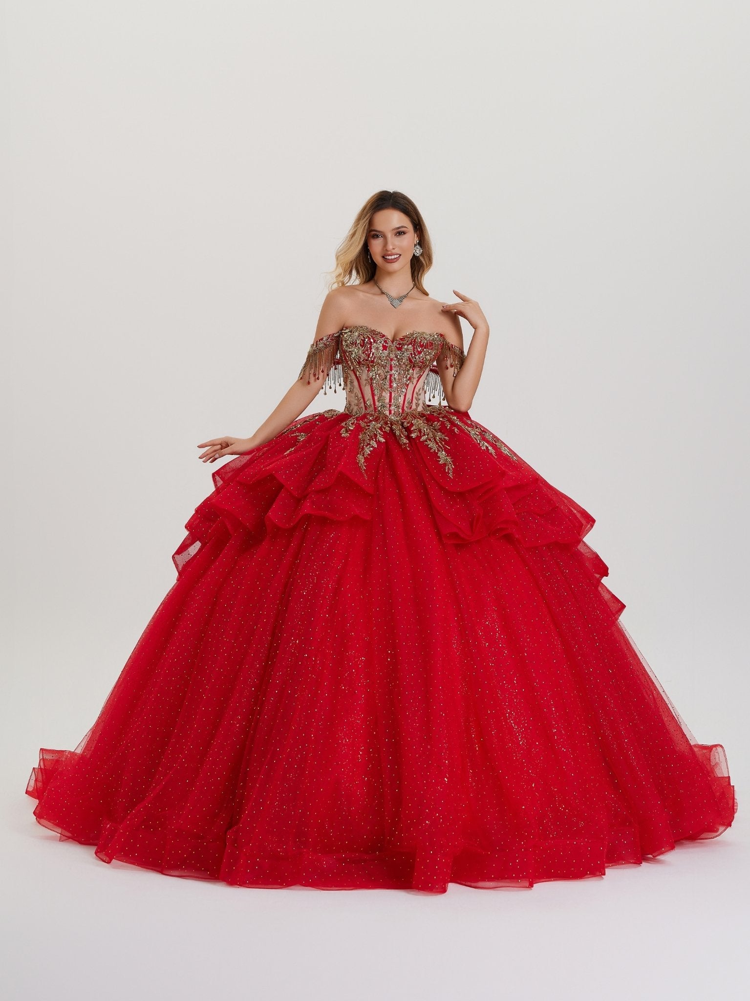 Quinceniera Dresses Long Ball Gown Beaded Glitter Ruffle Quinceanera Dress Red-Glitter-26417-Ruffle