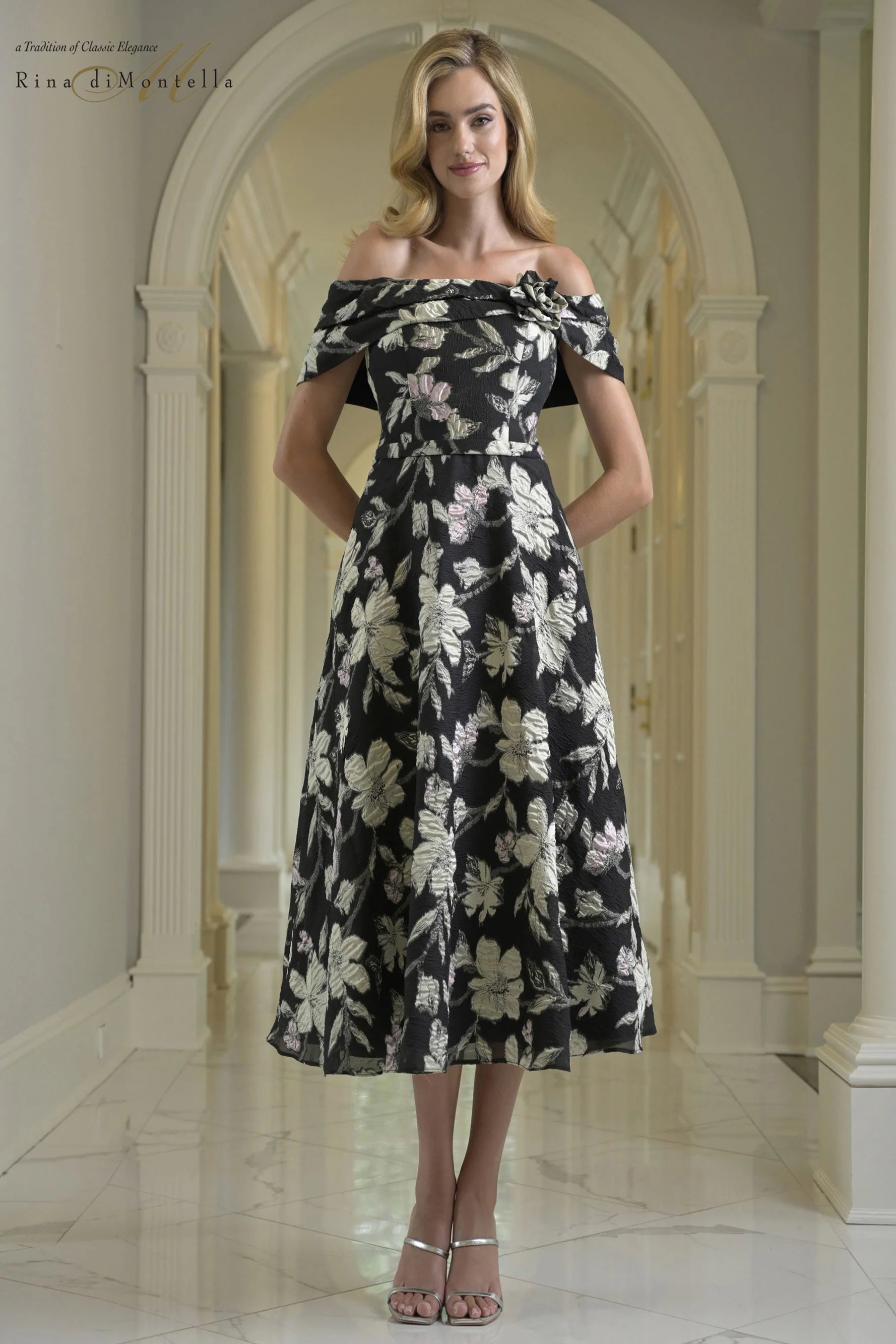 Cocktail Dresses Rina di Montella RD243 Print Tea Length Floral Cocktail Dress Black Multi