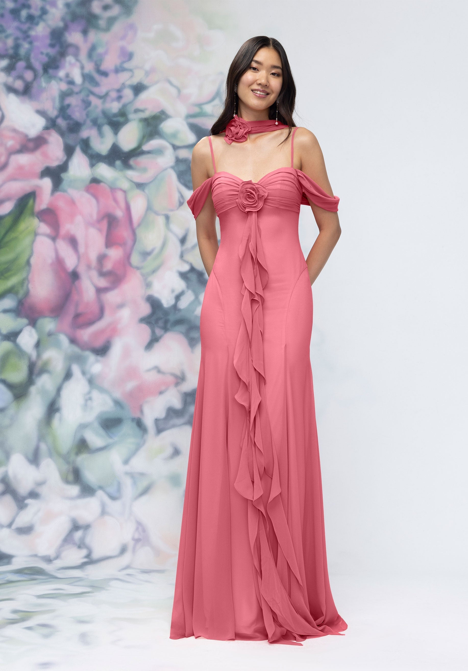 Formal Dresses Ruffle Floral Formal Long Dress Rosewood-Chiffon-3030000-Ruffle