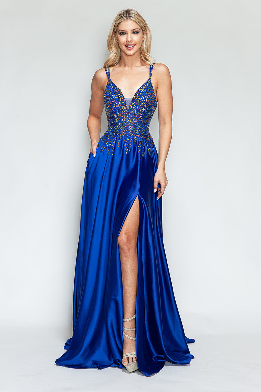 Prom Dresses Slit Prom Long Formal Dress Lenovia 8331 Royal Blue-Satin-8331-Beaded
