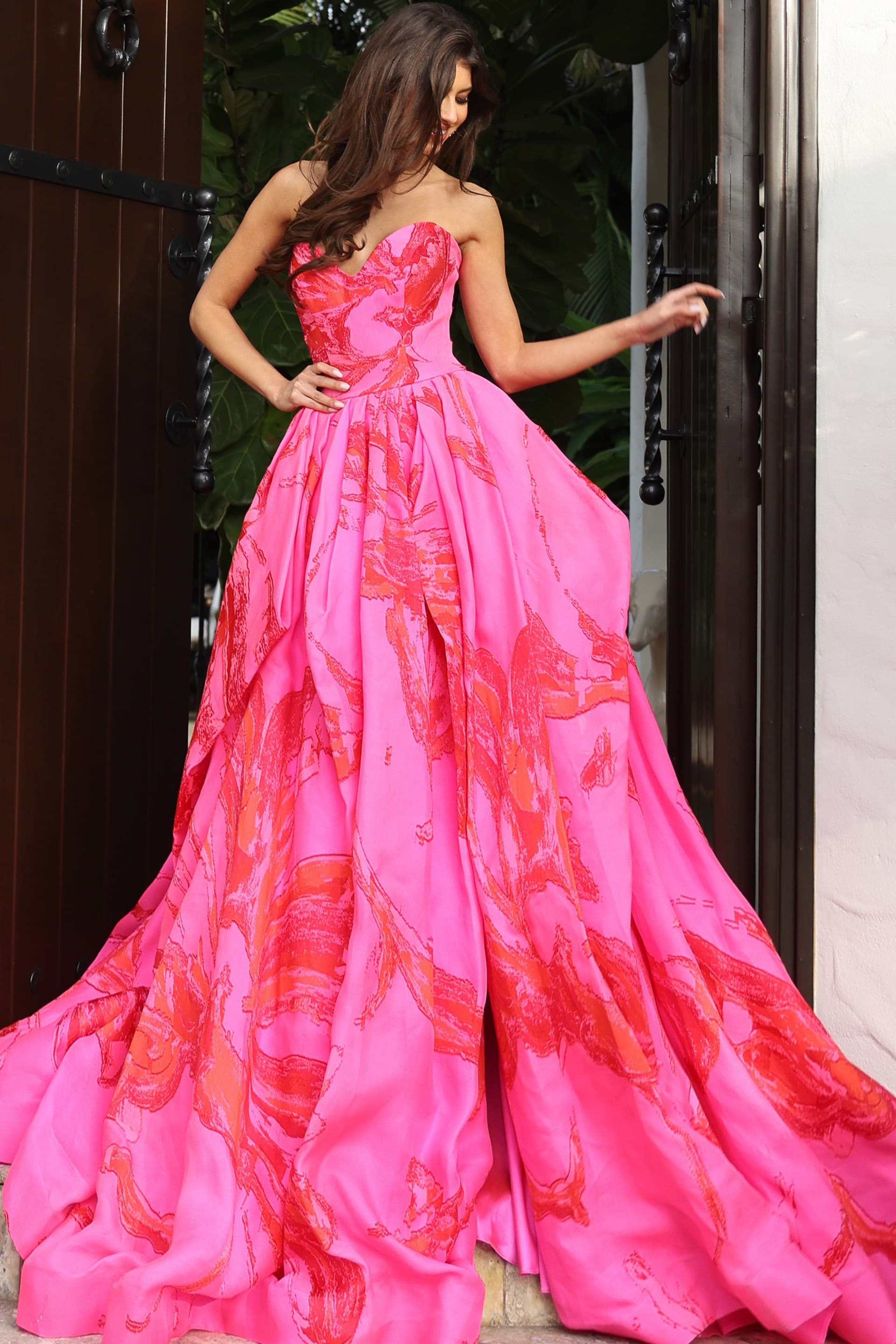 Red/Pink Strapless Floor-Length Printed Taffeta Prom Gown with Dramatic Extended Train Jovani S40409