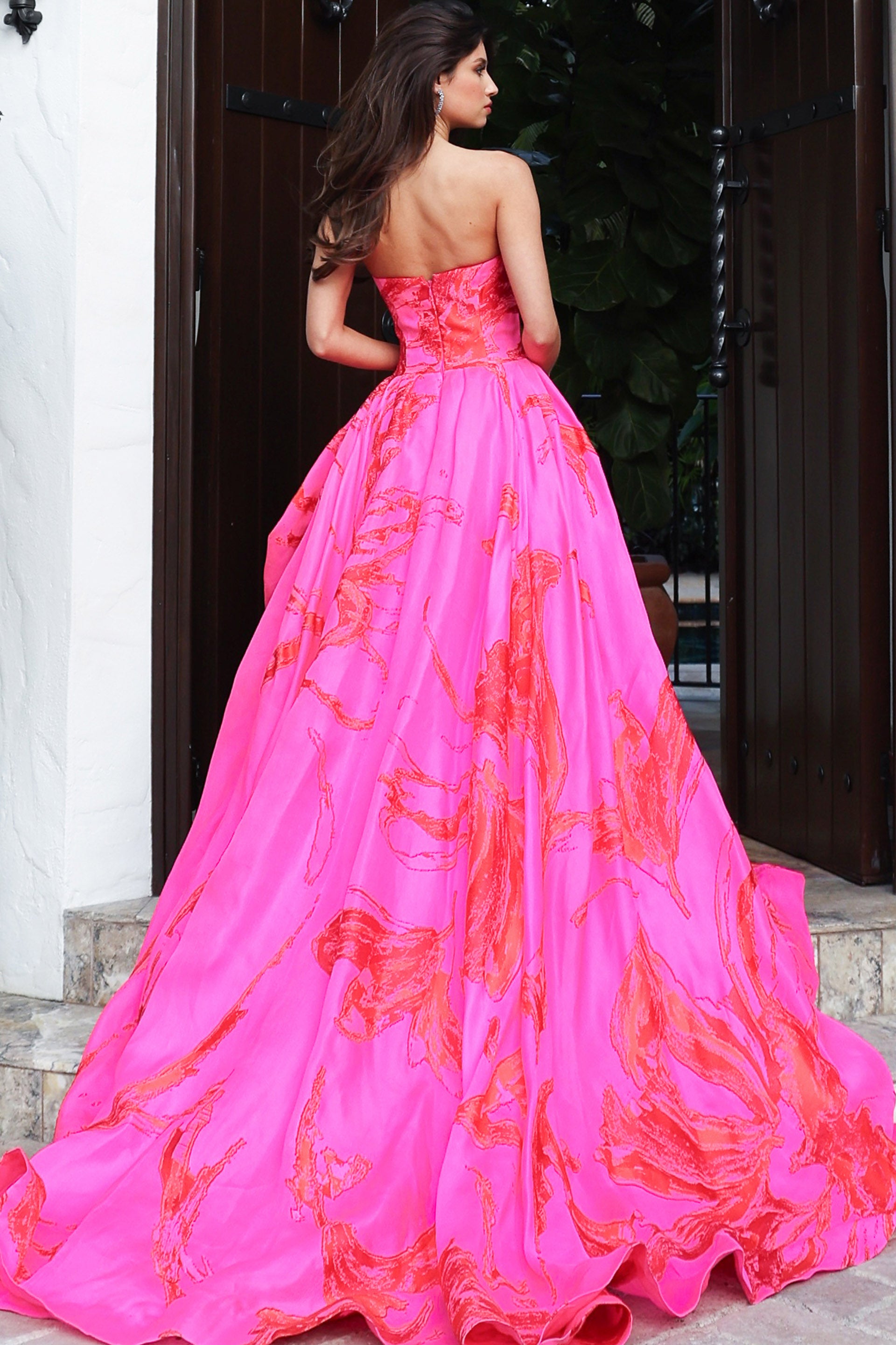 Red/Pink Strapless Floor-Length Printed Taffeta Prom Gown with Dramatic Extended Train Jovani S40409
