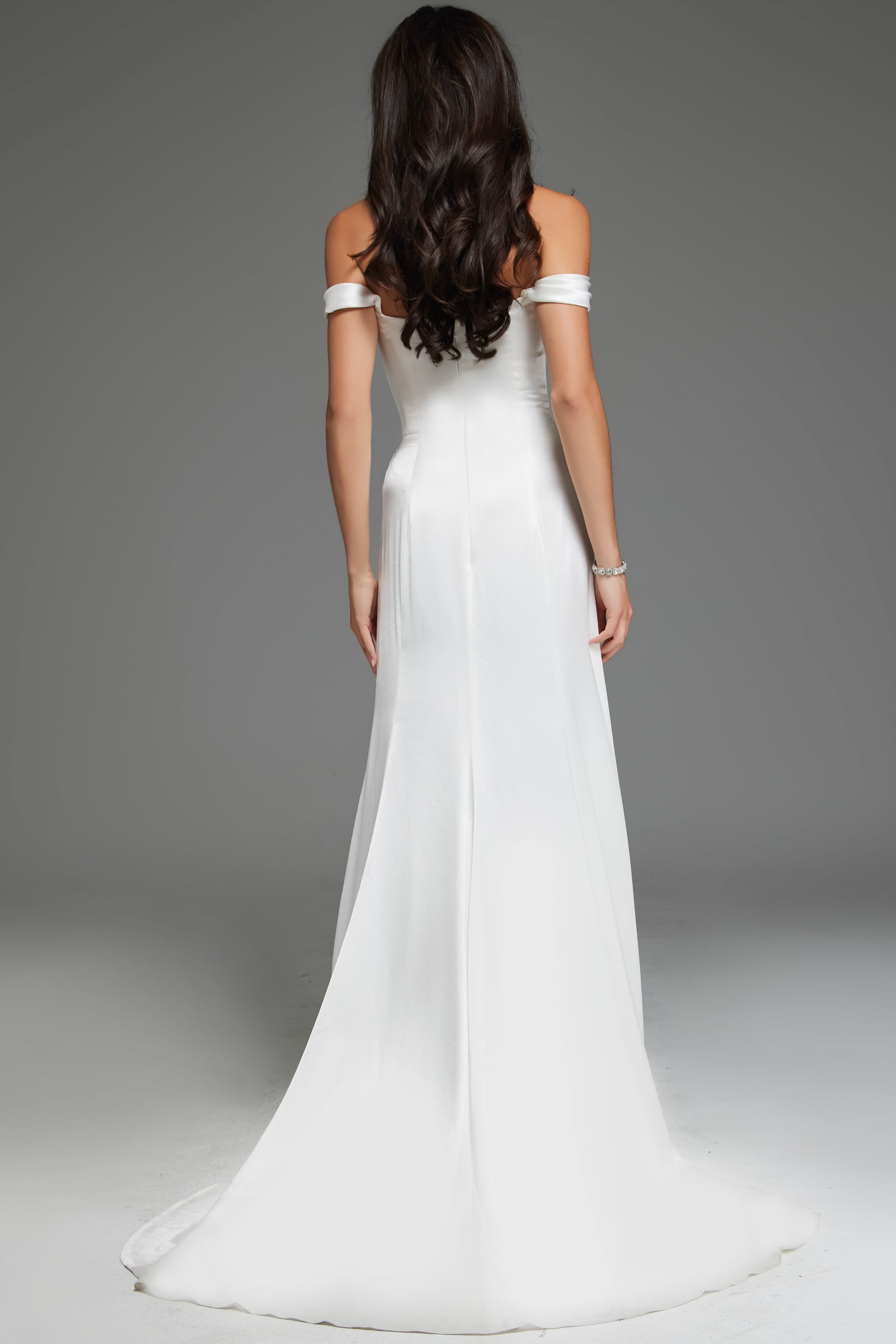 Off-the-Shoulder Floor-Length Satin Formal Sheath Gown Jovani S59780