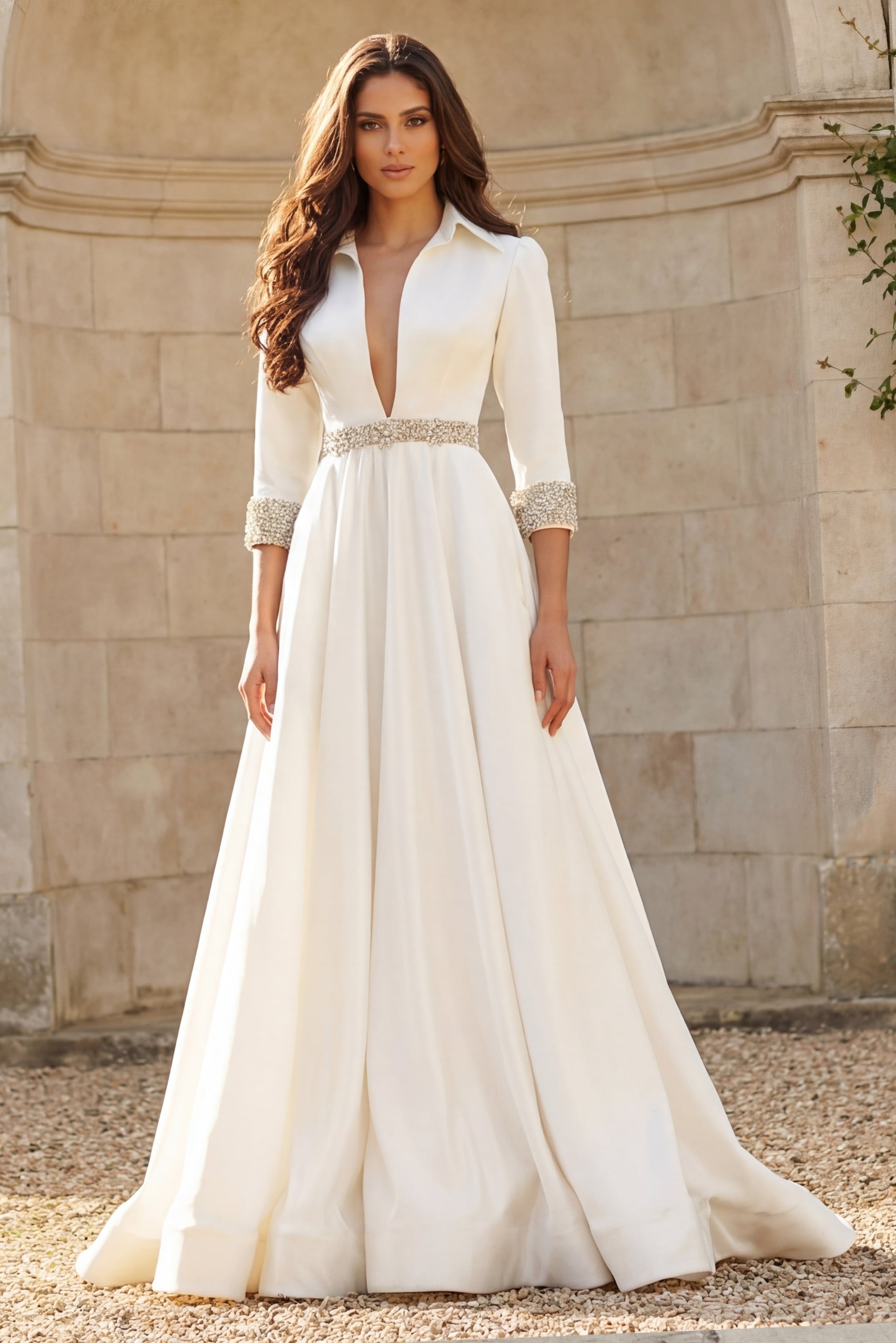 V-Neck Floor-Length Satin Wedding A-Line Gown Jovani S61342