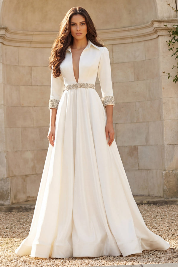 V-Neck Floor-Length Satin Wedding A-Line Gown Jovani S61342