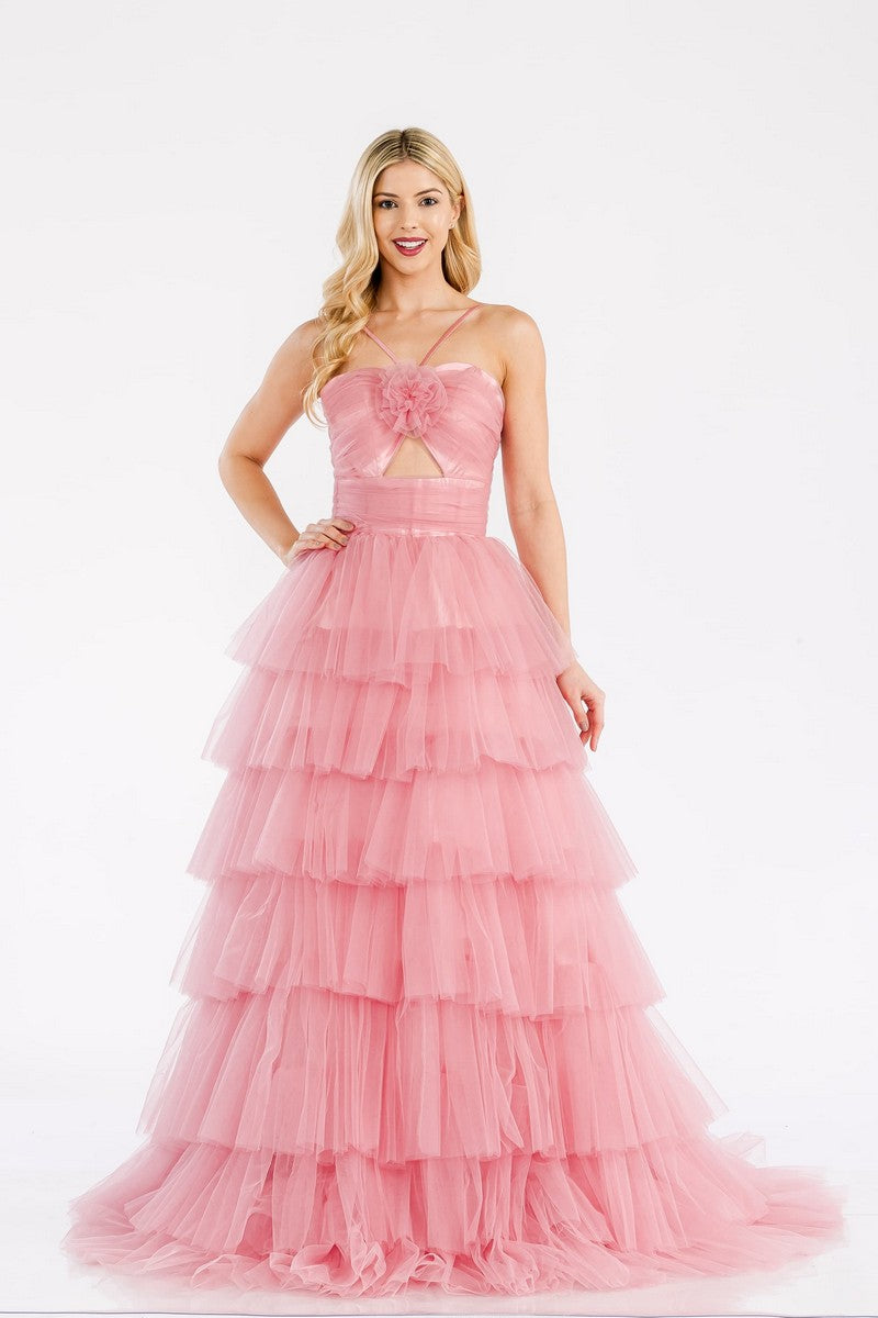 Prom Dresses Long Ruffle Tiered Prom Gown Dusty Rose