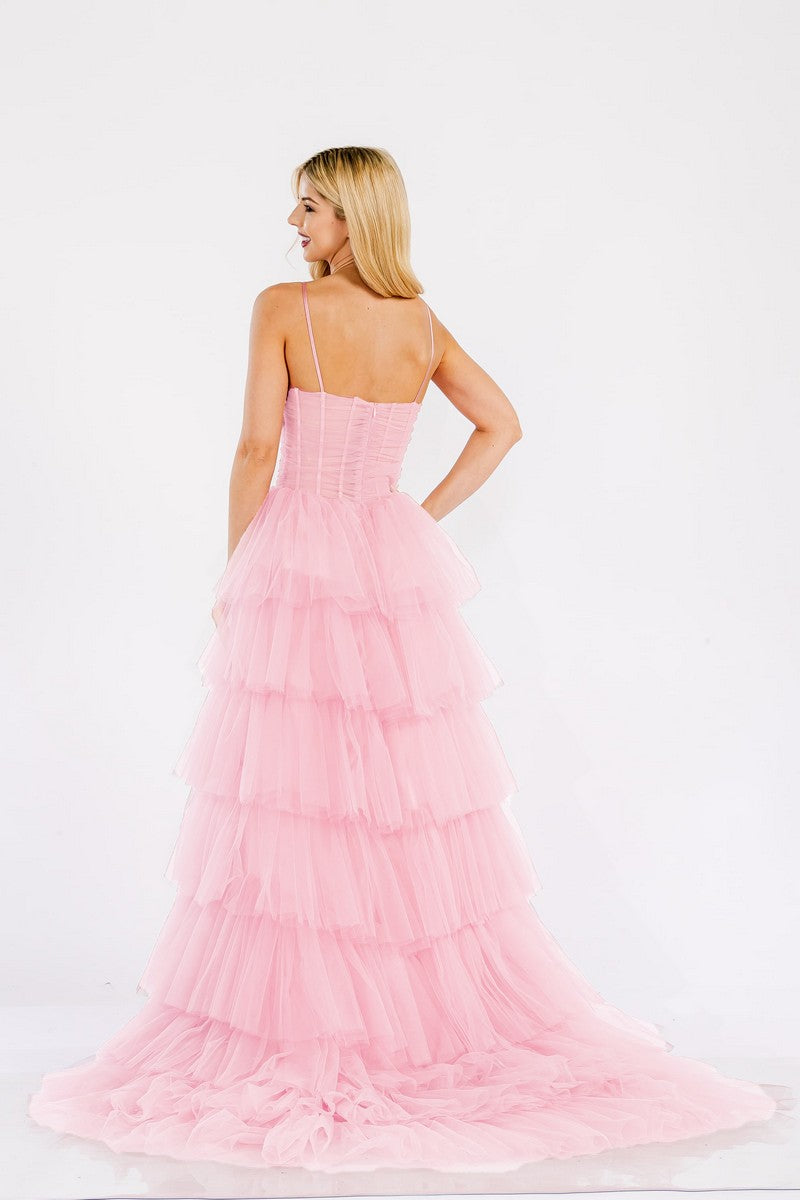 Prom Dresses Long Ruffle Tiered Prom Gown Pink