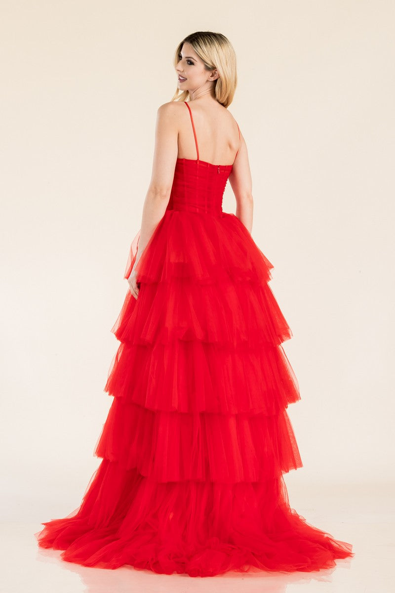 Prom Dresses Long Ruffle Tiered Prom Gown Red