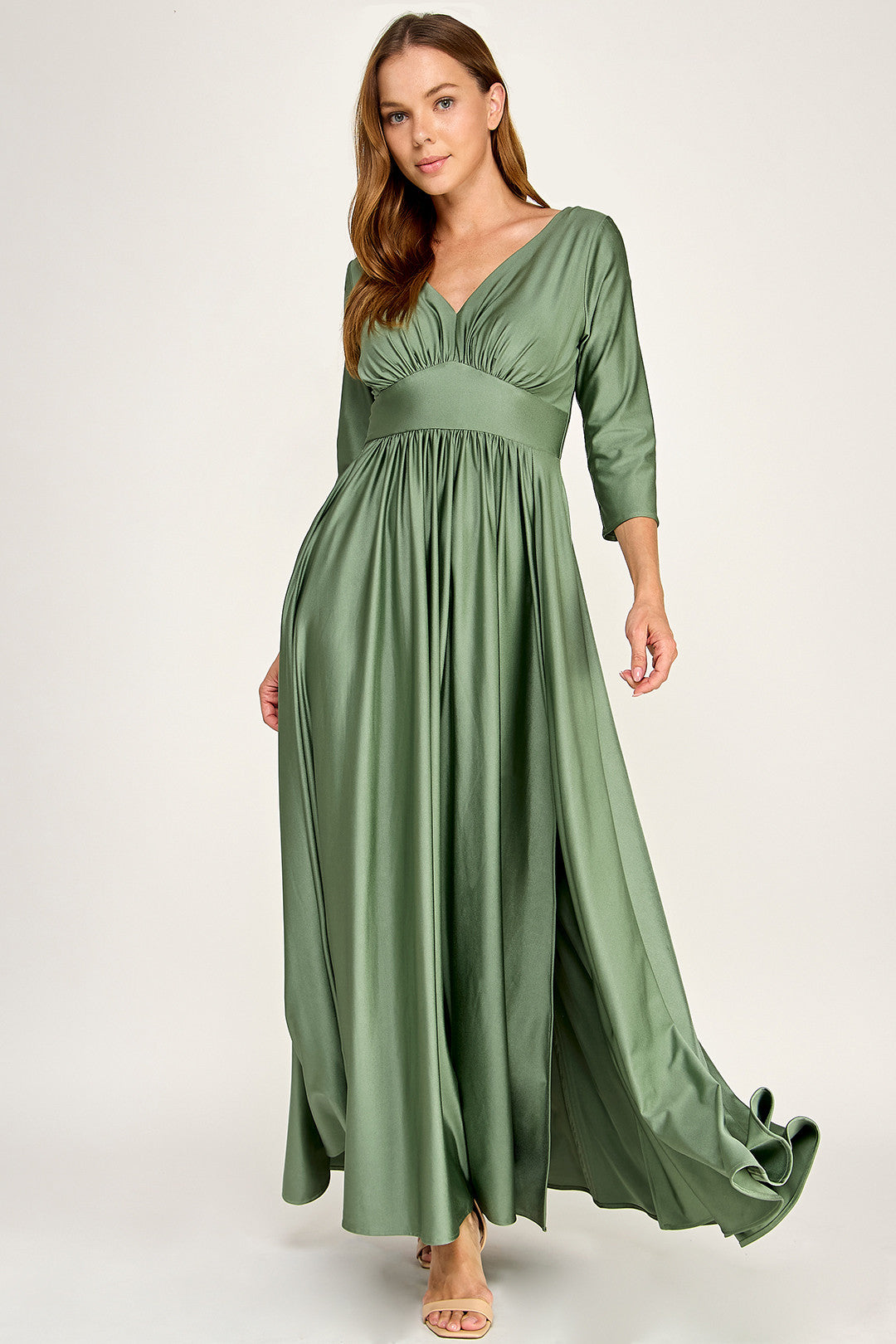 V-Neck Floor-Length Satin Formal A-Line Lenovia 3132