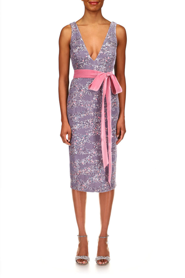 V-Neck Knee-Length Sequin Formal Sheath Dress Waist Tie Detail Badgley Mischka SC2809