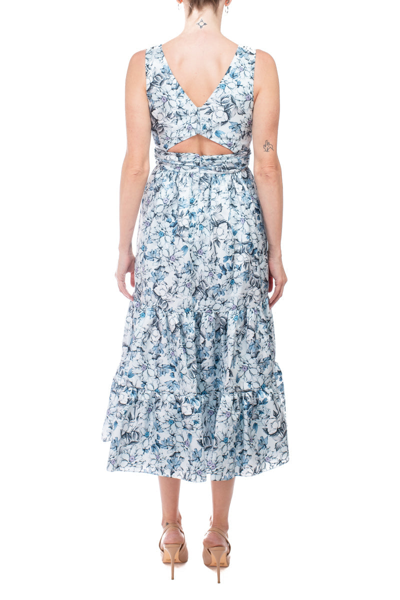 Blue Multi Bateau Neck Midi-Length Cotton Cocktail A-Line Dress Tiered Skirt and Cutout Back Badgley Mischka SC3933B