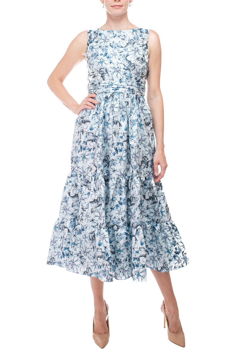 Blue Multi Bateau Neck Midi-Length Cotton Cocktail A-Line Dress Tiered Skirt and Cutout Back Badgley Mischka SC3933B
