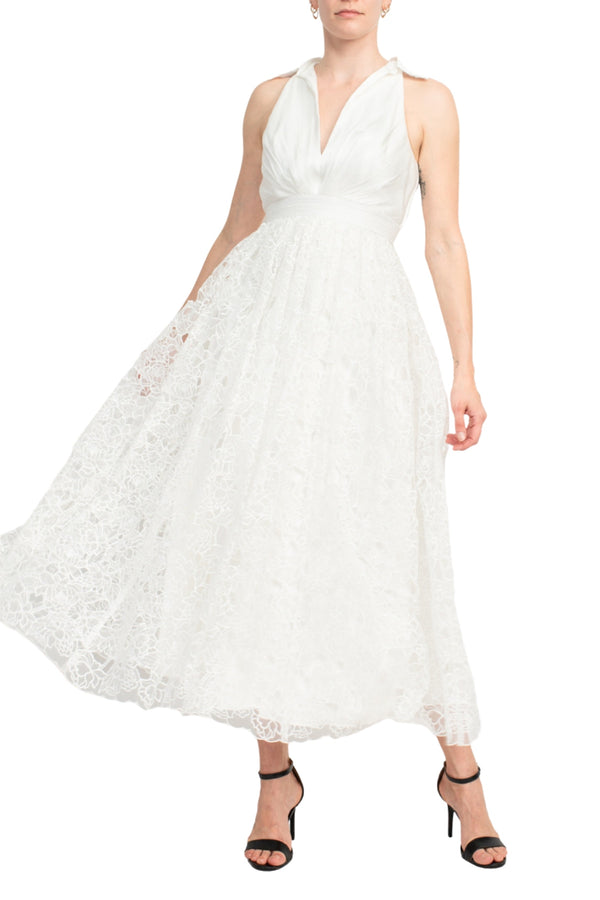 Halter Neck Midi-Length Lace Cocktail A-Line Dress Sheer Bodice Badgley Mischka SC3965