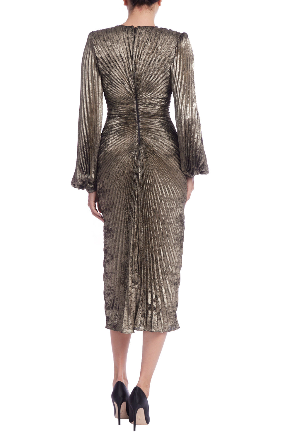 Badgley Mischka SC4310 Long Sleeve Metallic Cocktail Midi Dress